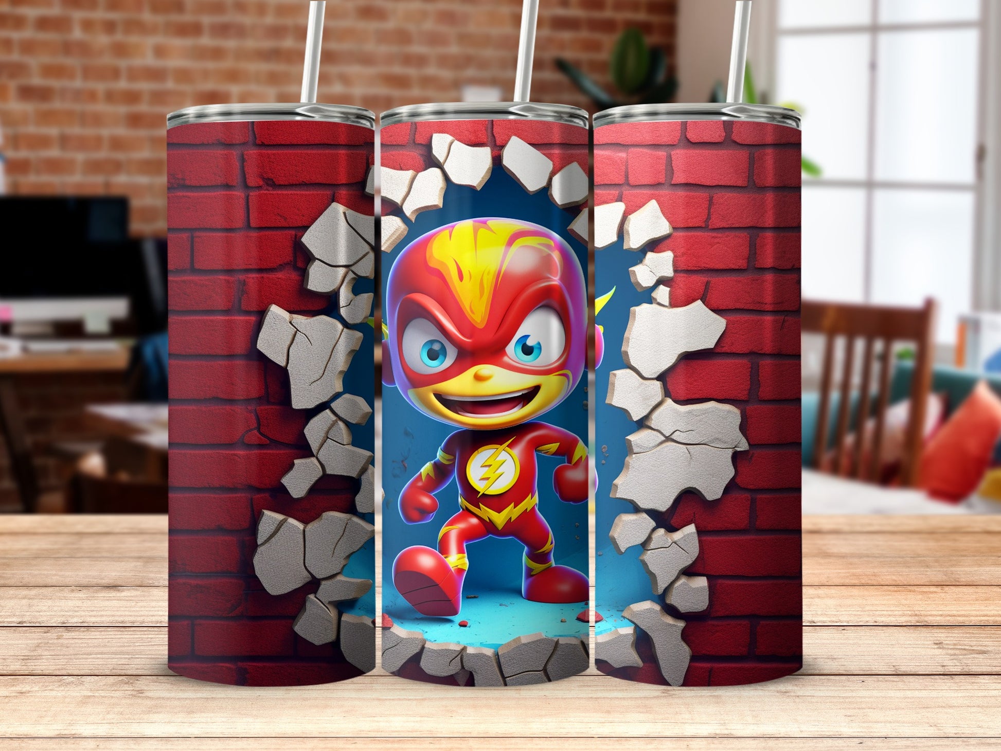 Superhero Character Breaking Through Wall Design Tumbler