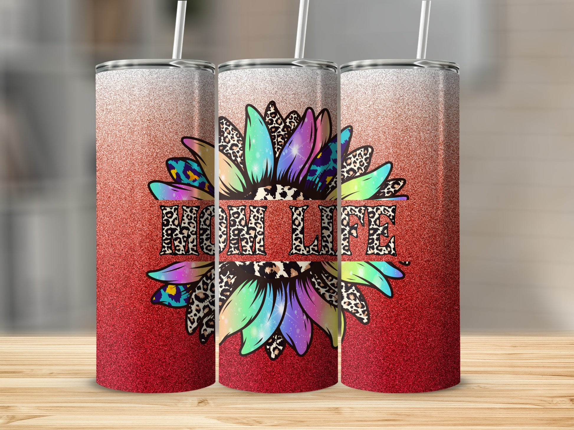 Sunflower graphic with "Hill Life" text on a glittery red tumbler.