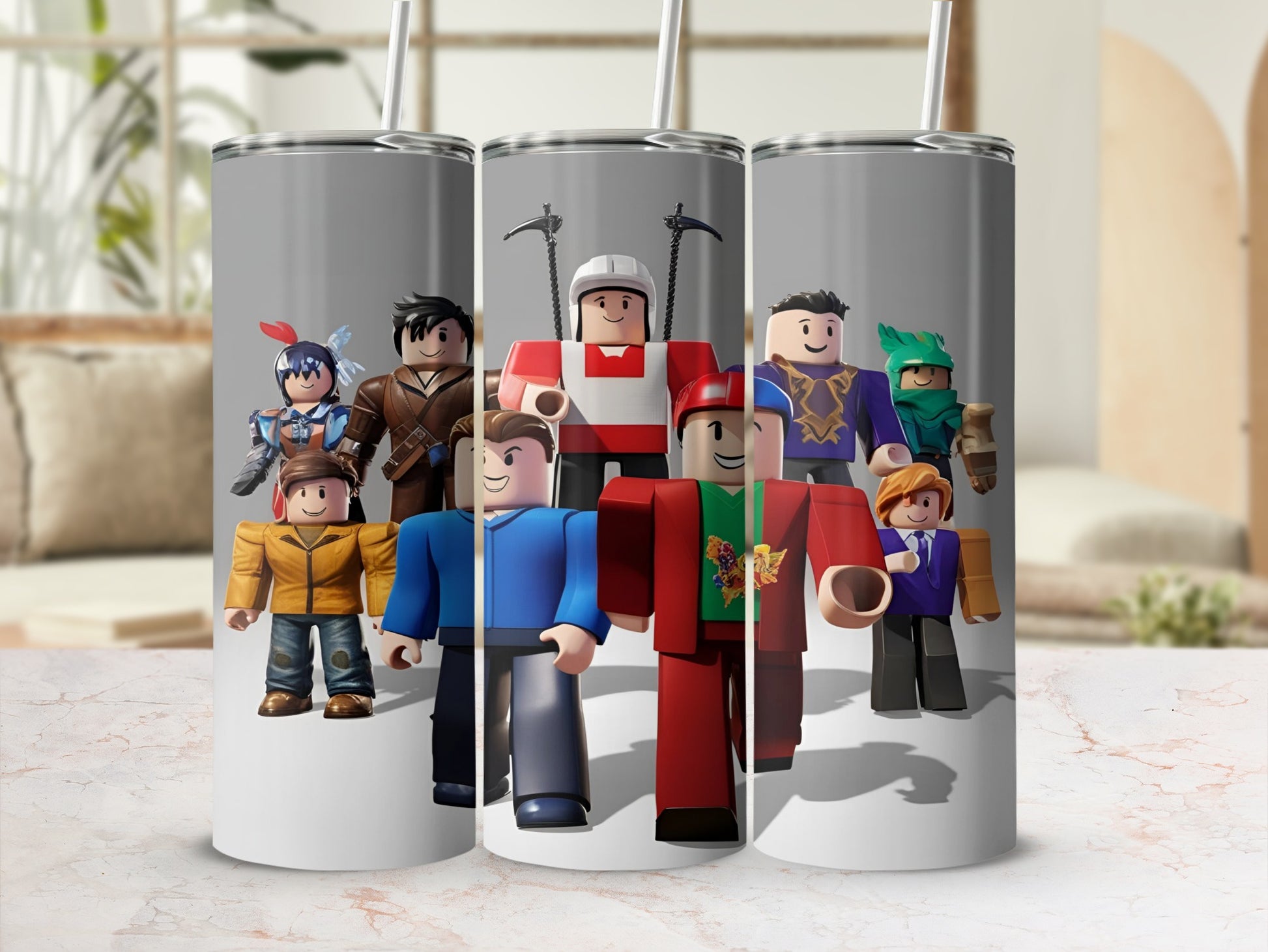 Roblox characters in colorful outfits standing in a line.