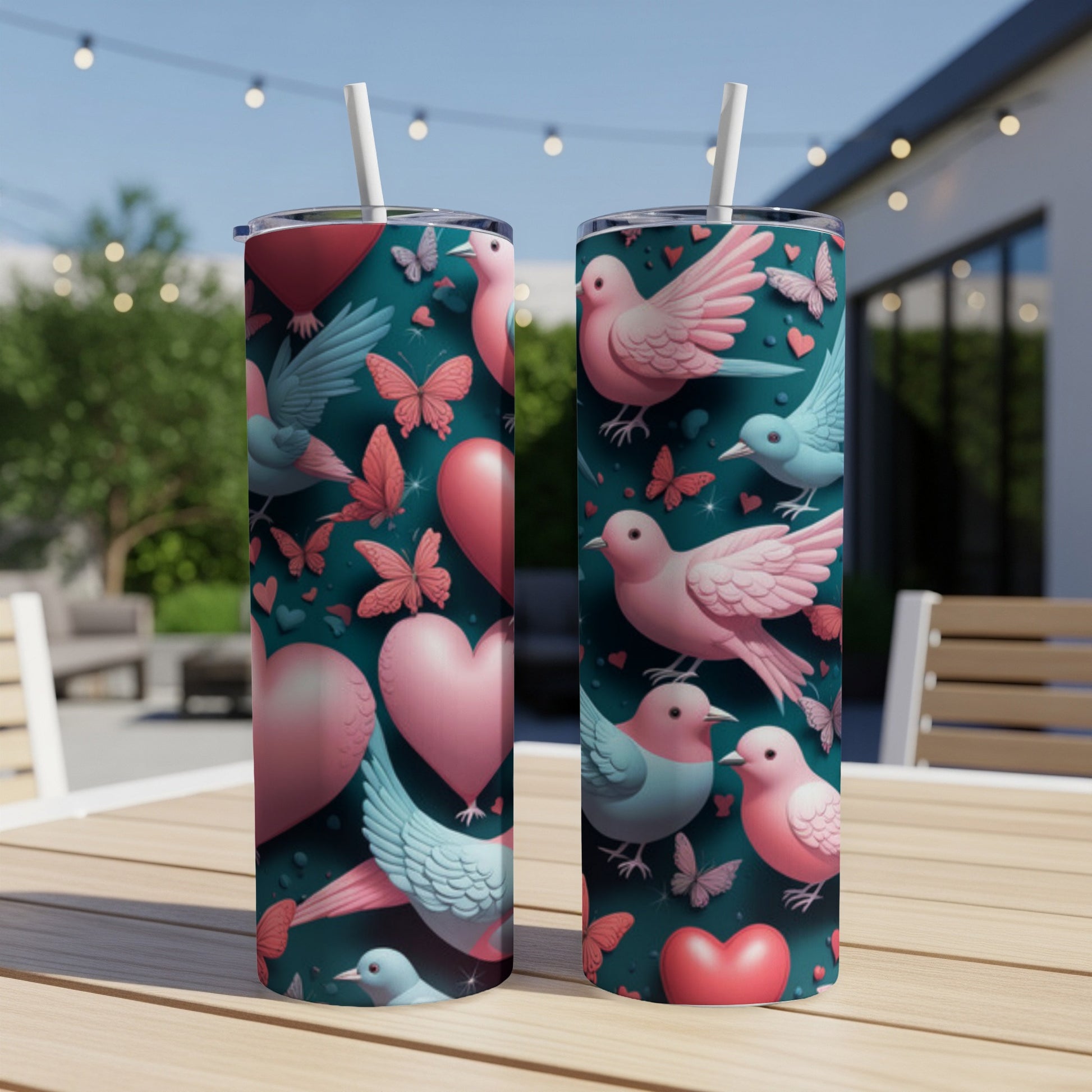 Two tall tumblers with a pink and blue bird and heart pattern.