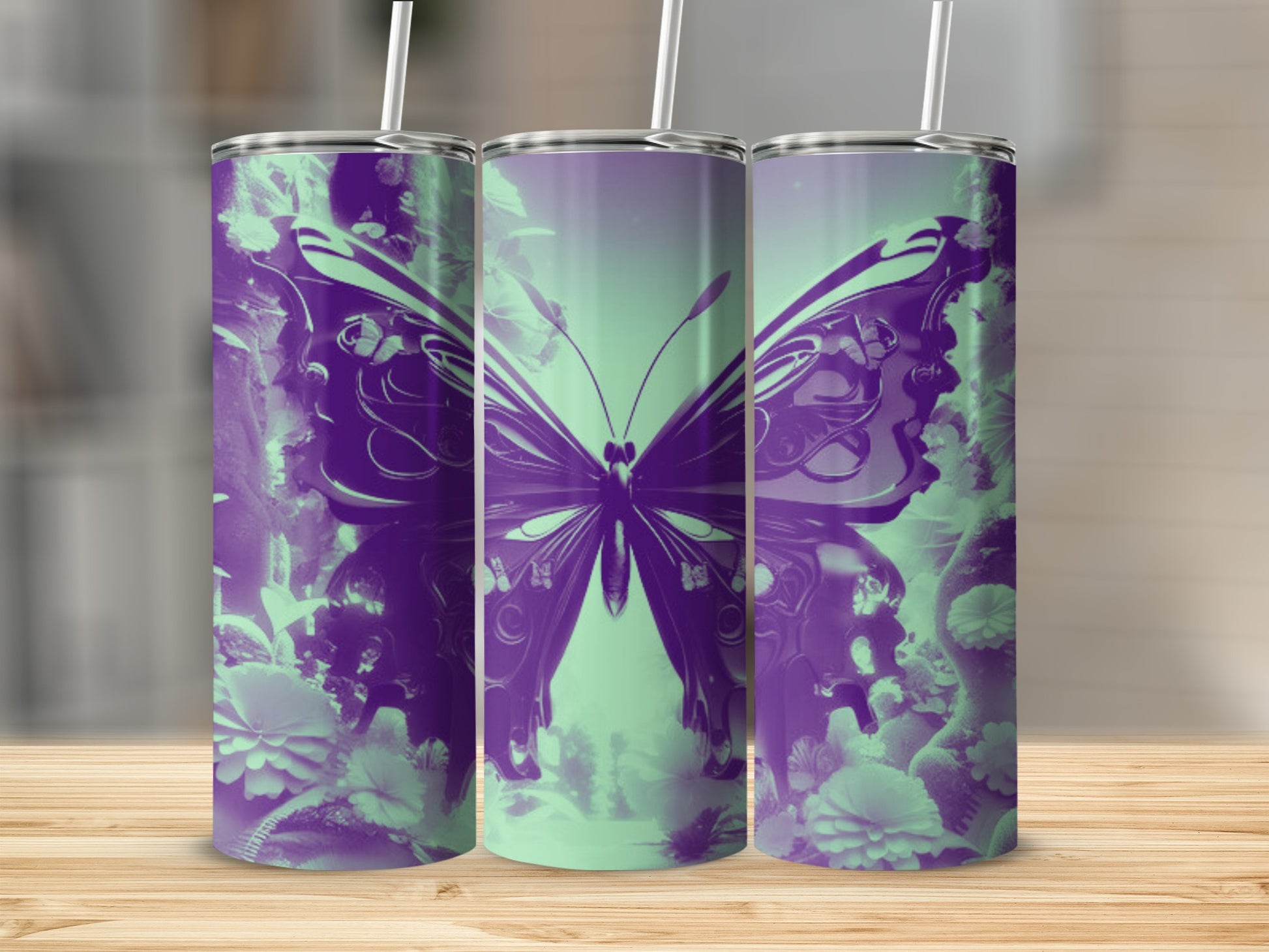 Tall tumbler with purple butterfly and floral design on mint green background.