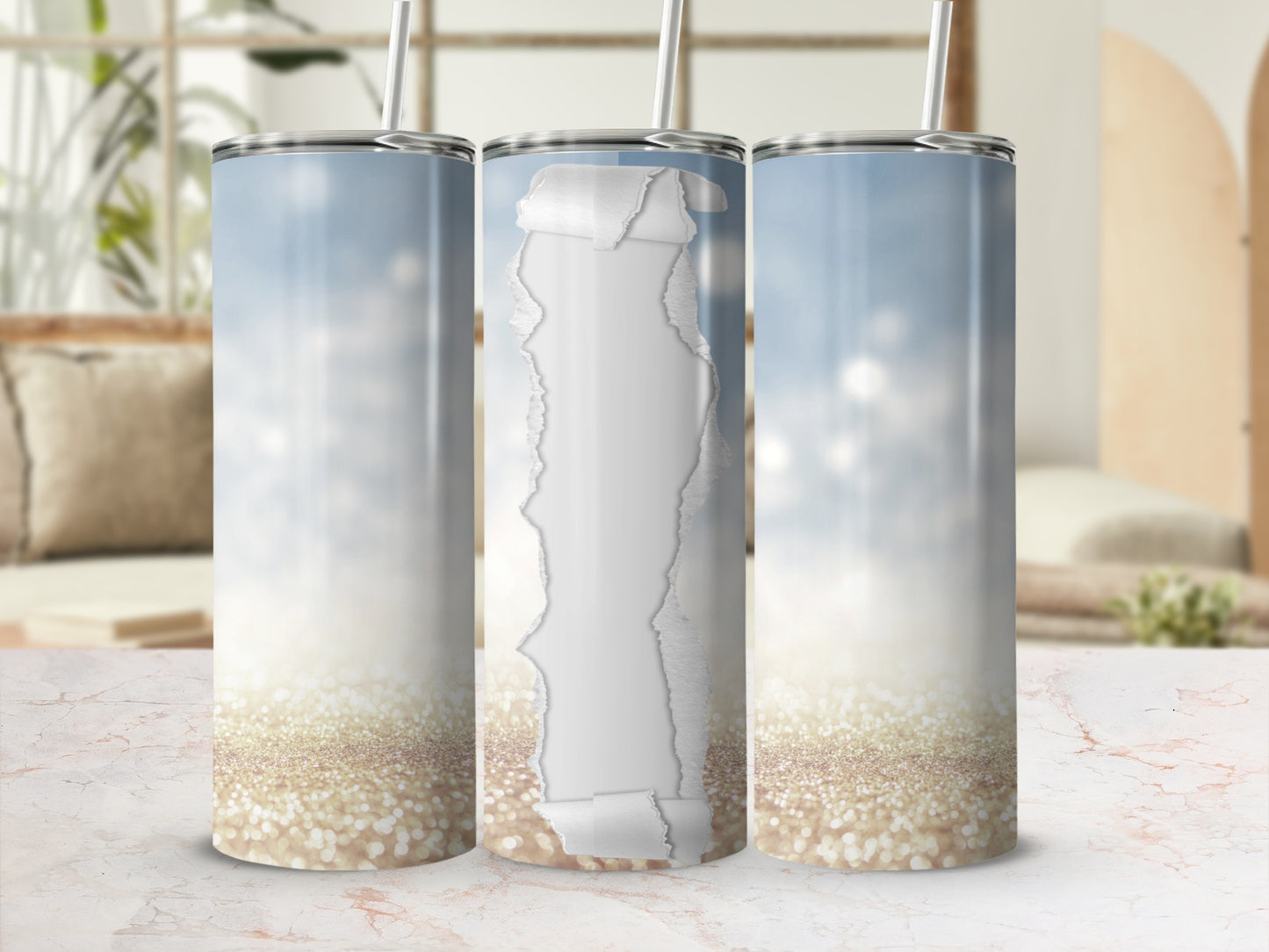 Three tumblers with a ripped paper effect and glitter background.