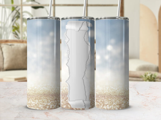 Three tumblers with a ripped paper effect and glitter background.