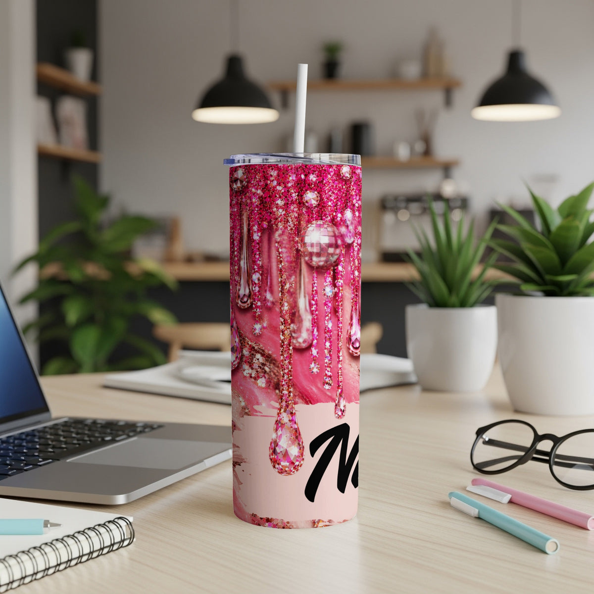 Pink glitter drip tumbler with gems and the word "Mama" in black script.