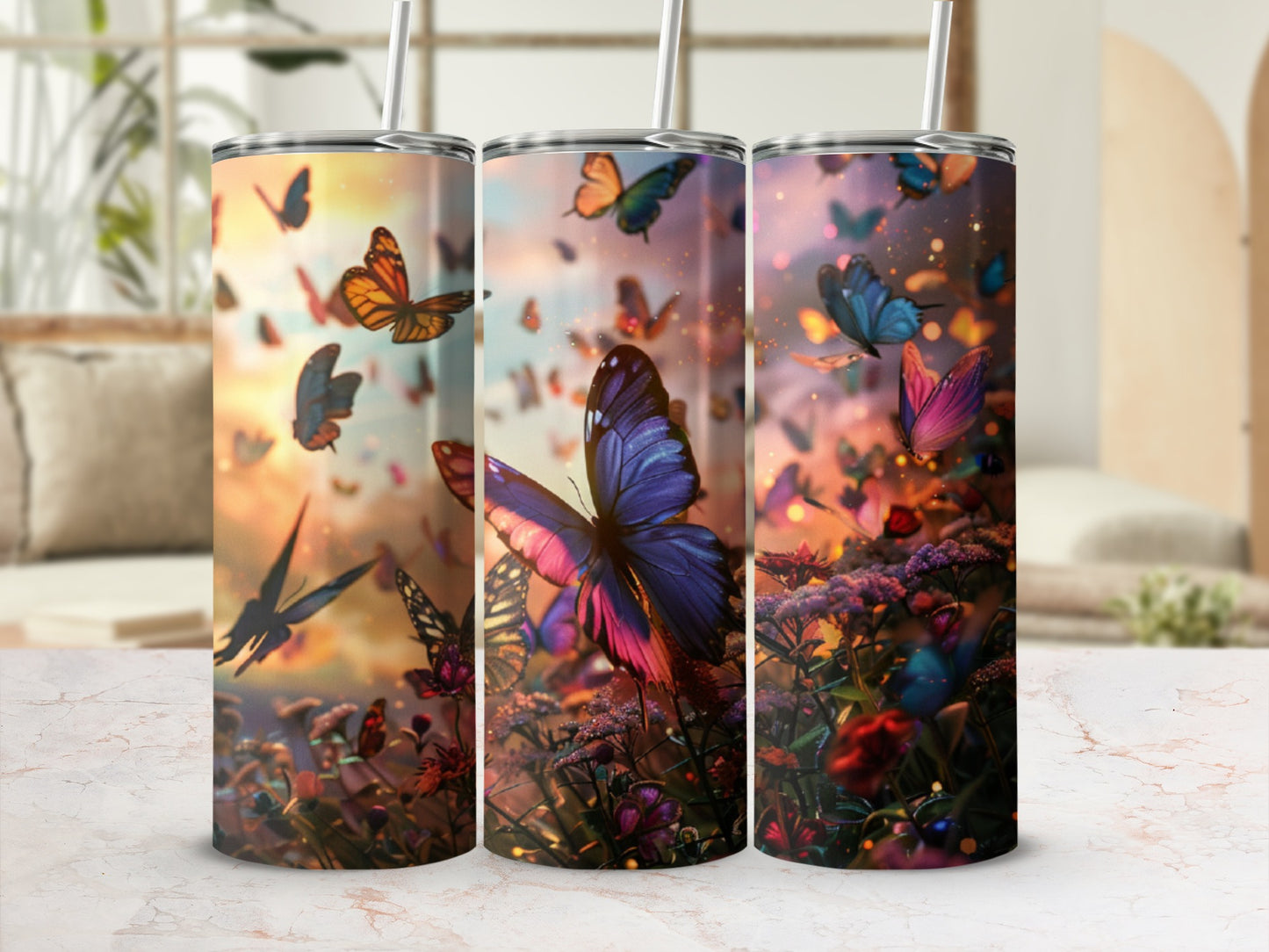 Three tumblers with vibrant butterfly and floral designs.