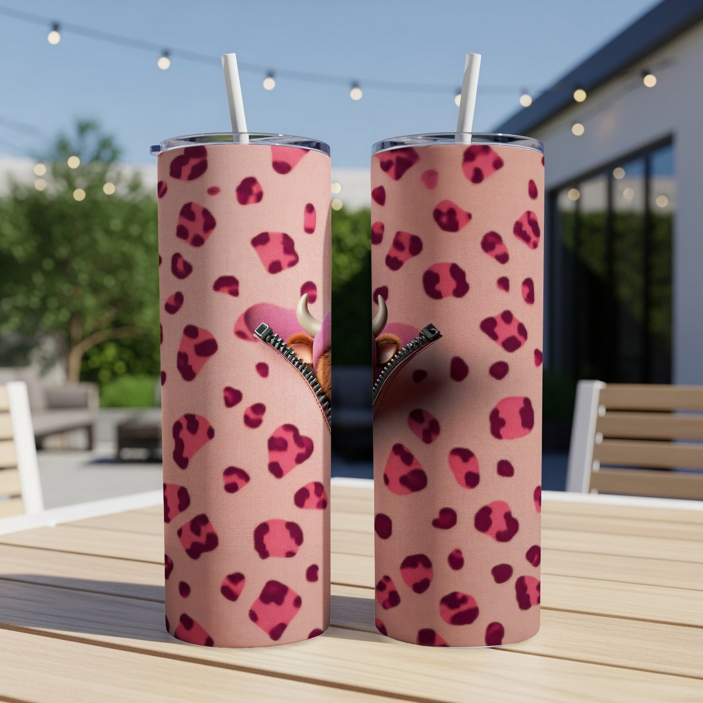 Pink leopard print tumbler with a zipper revealing a heart with horns.