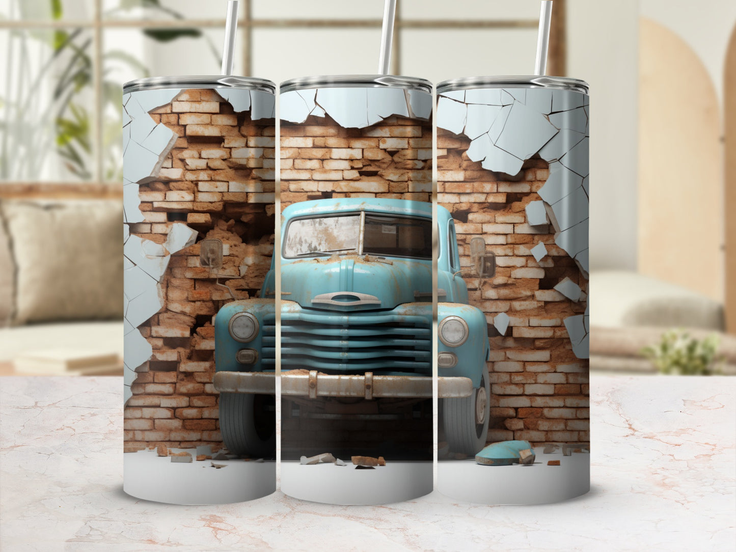 Vintage Truck Breaking Brick Wall Art Design Tumbler