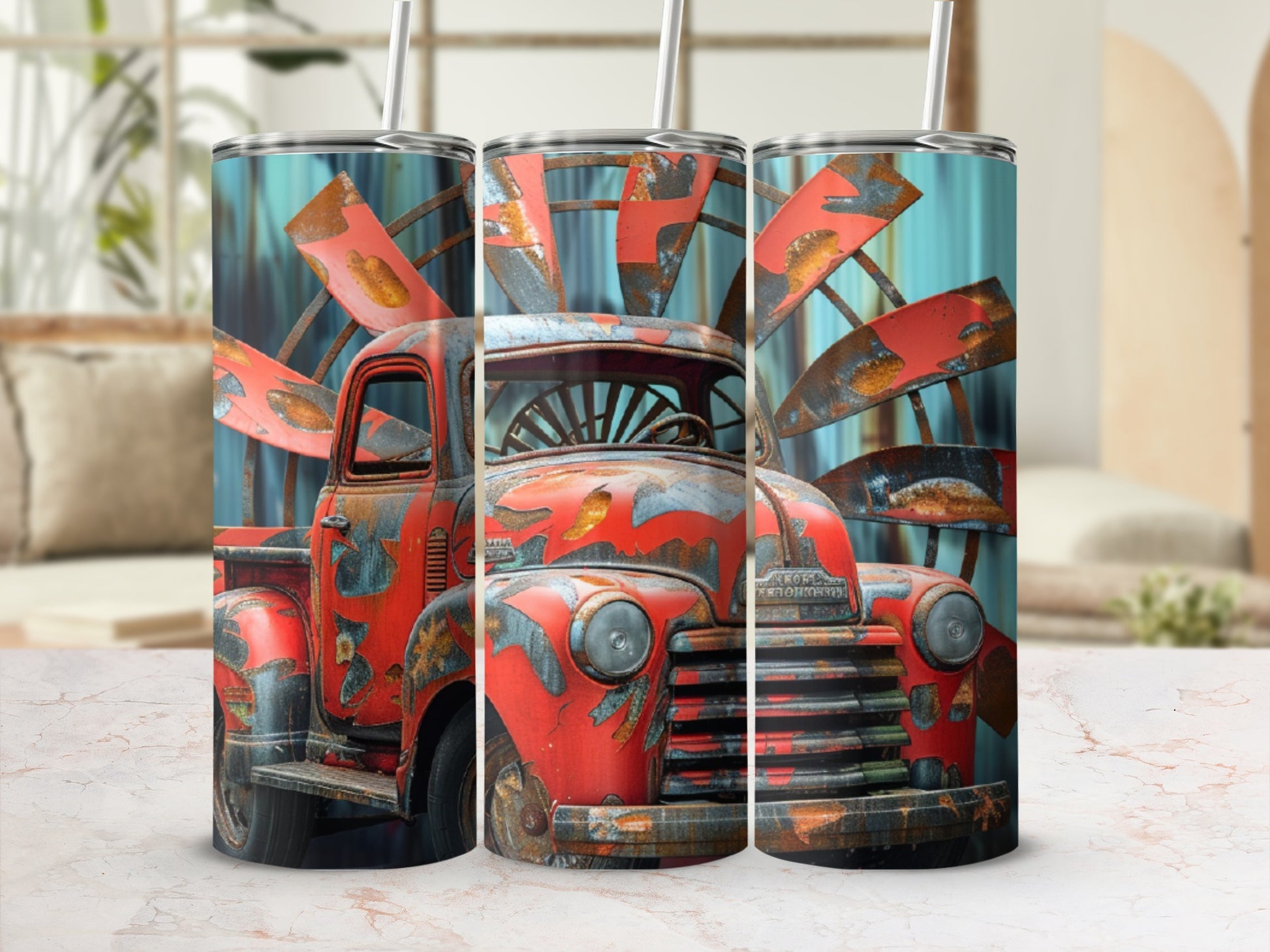 Triptych of a distressed red vintage truck with a rusty windmill.