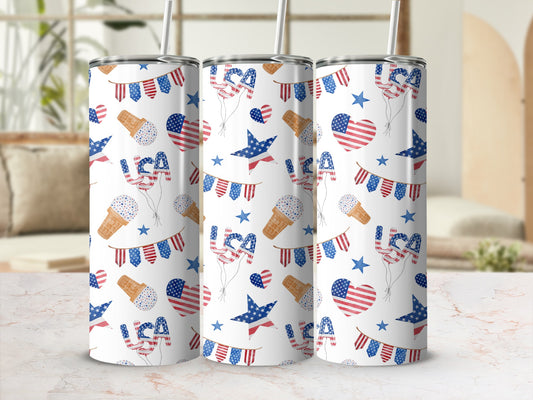 Red, white, and blue patriotic tumbler with USA flag and heart designs.