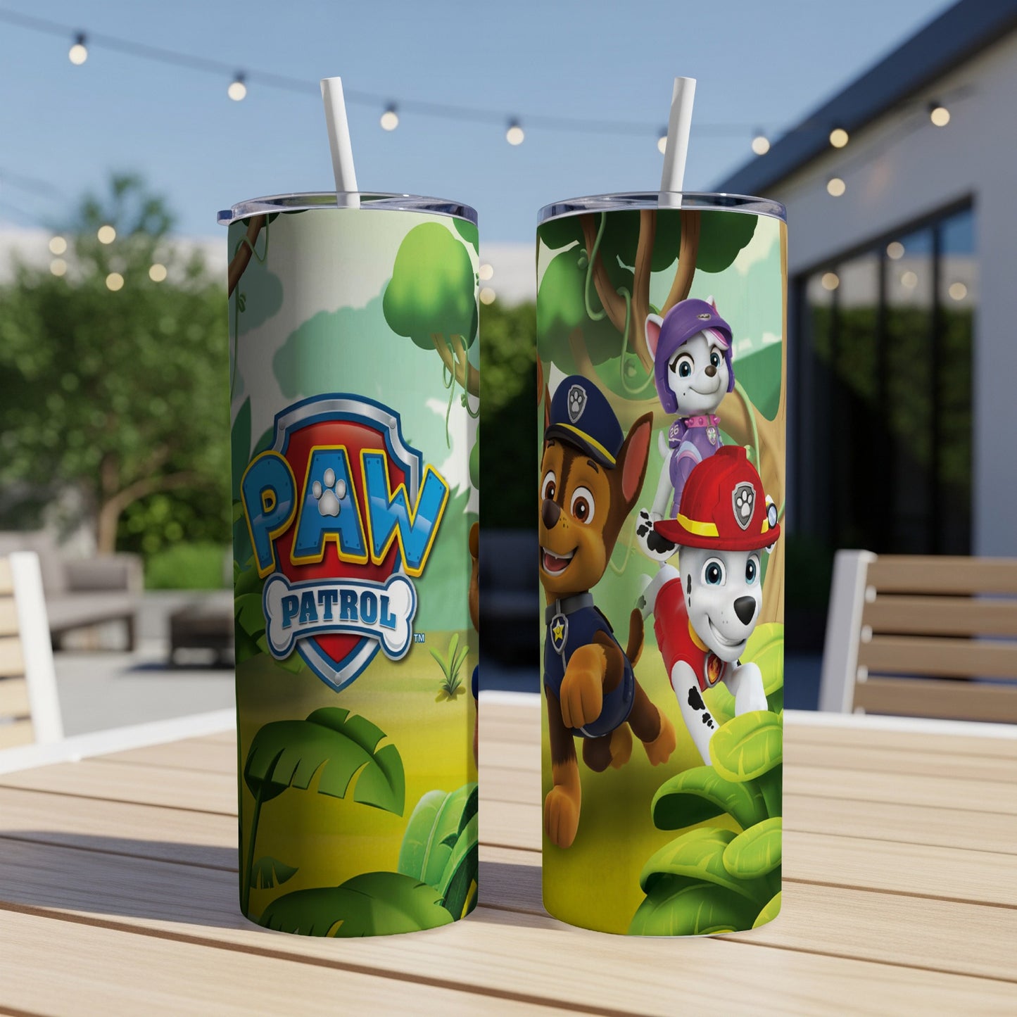 Paw Patrol tumbler featuring Chase, Marshall, and Skye in a jungle scene.