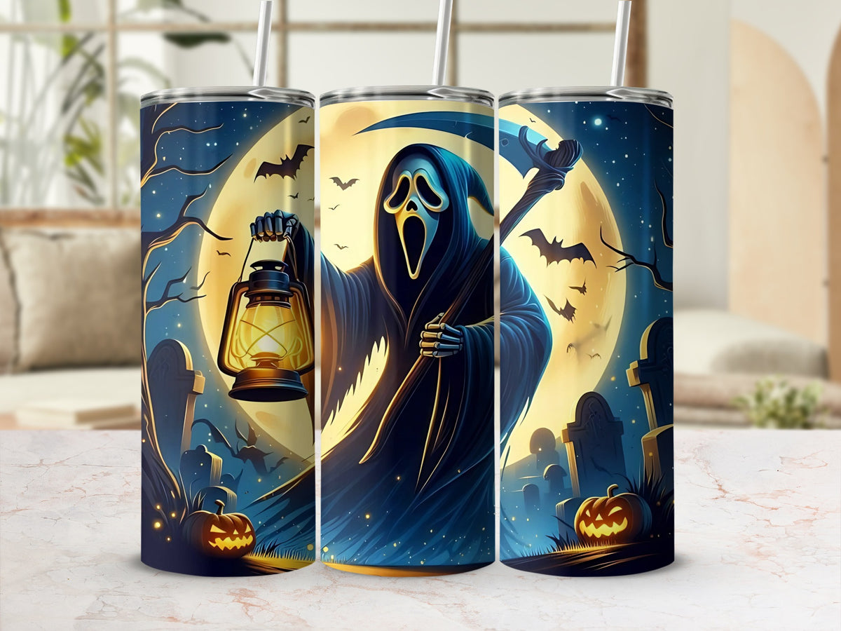 Grim Reaper illustration on three tumblers with pumpkins, bats, and a full moon.