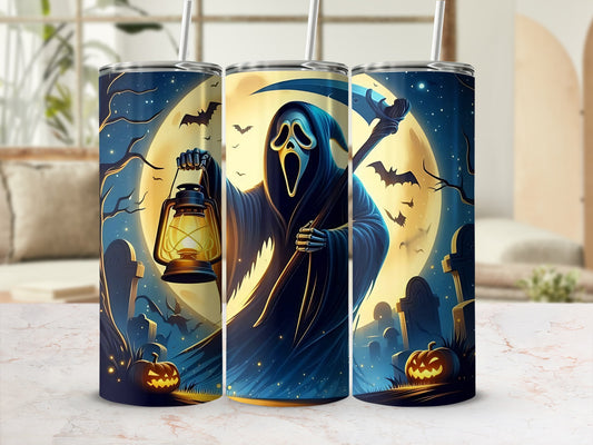 Grim Reaper illustration on three tumblers with pumpkins, bats, and a full moon.