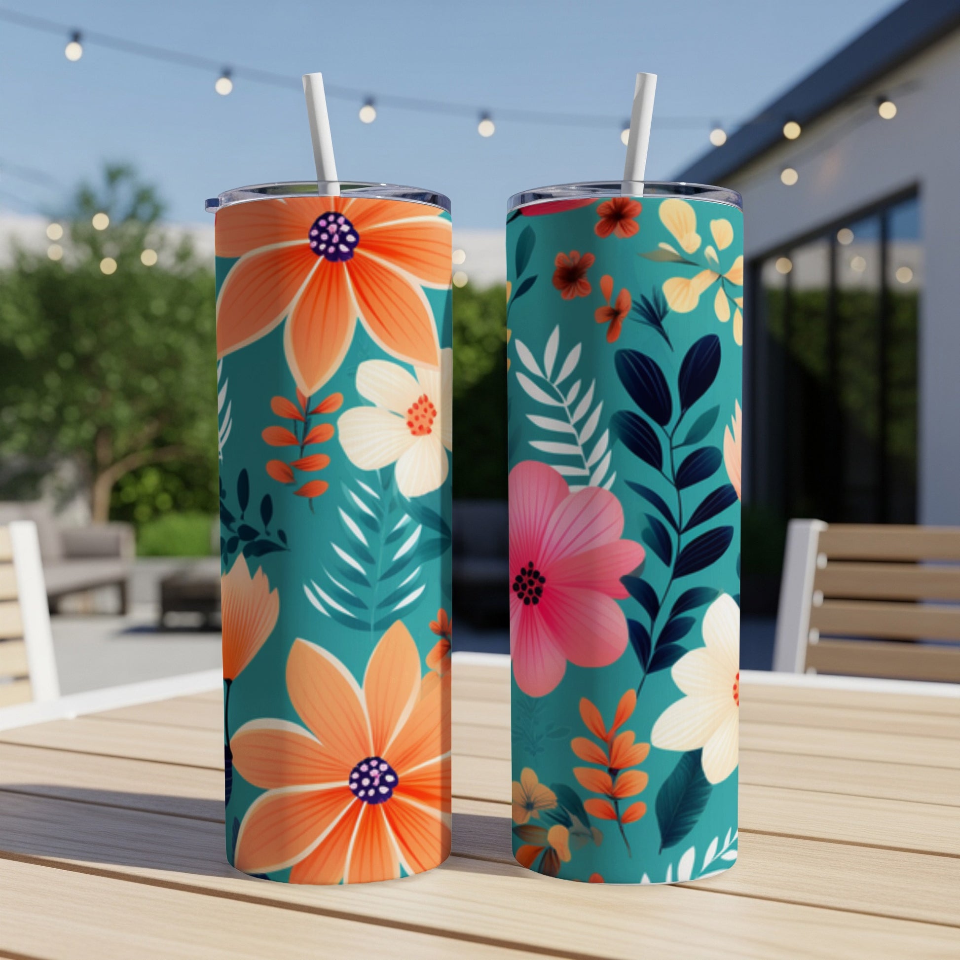 Two floral-patterned tumblers with straws sit on a wooden table outdoors.