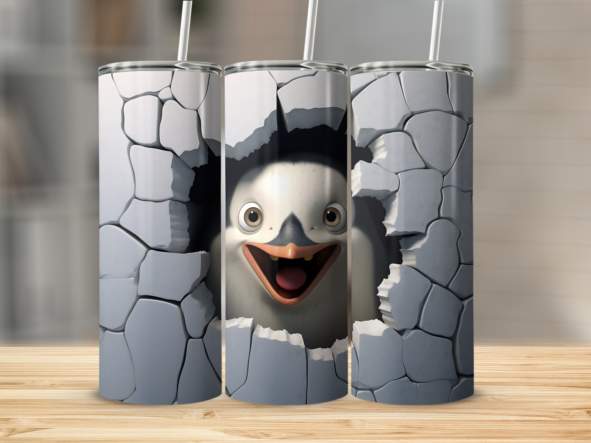 Funny penguin face peeking through cracked wall on a tumbler.