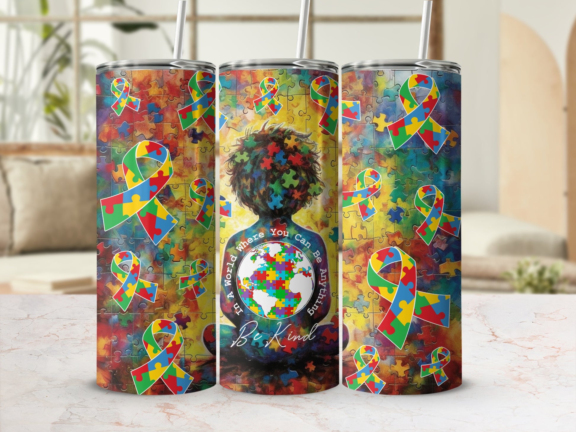 Three puzzle-themed tumblers with autism awareness ribbons and text.