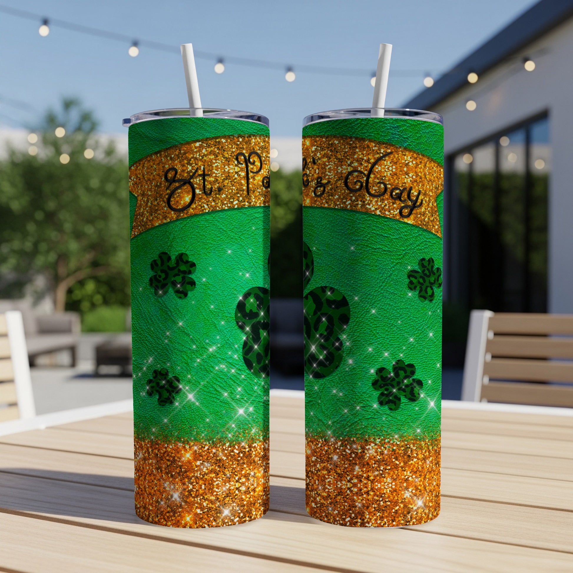 Two green tumblers with "St. Patrick's Day" text and shamrock pattern.