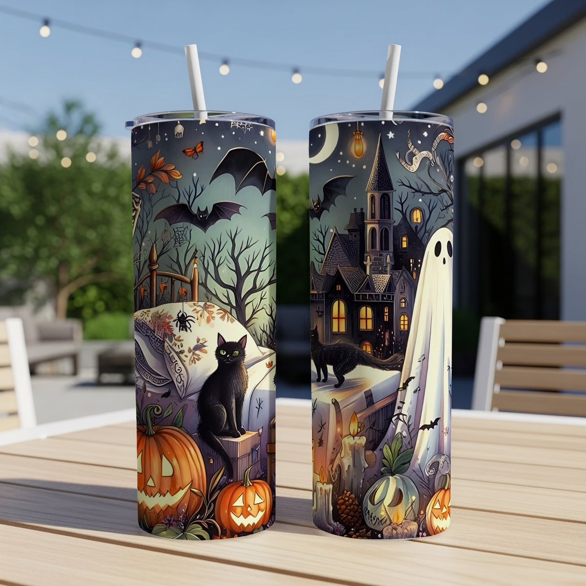 Halloween tumblers with black cats, ghosts, pumpkins, bats, and haunted houses.