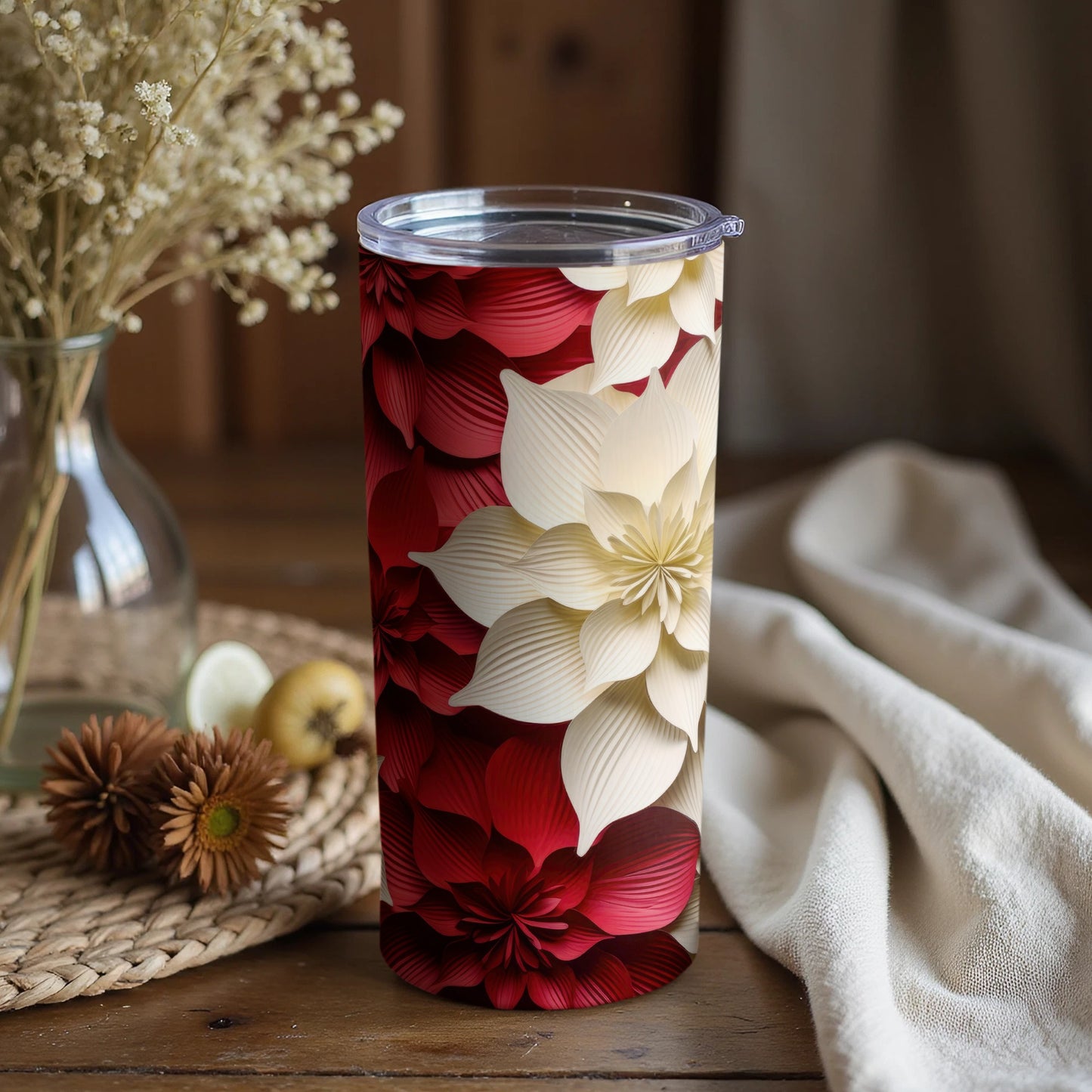 Elegant Floral Patterned Tumbler Red and White Design
