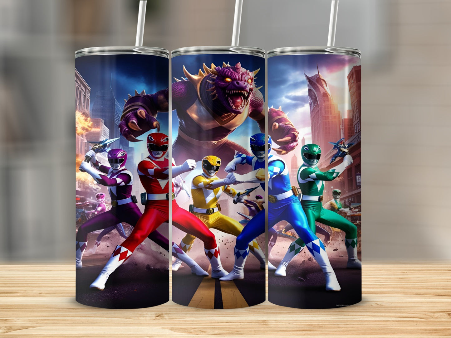 Three Power Rangers in their colored suits stand in front of a monster and city background.