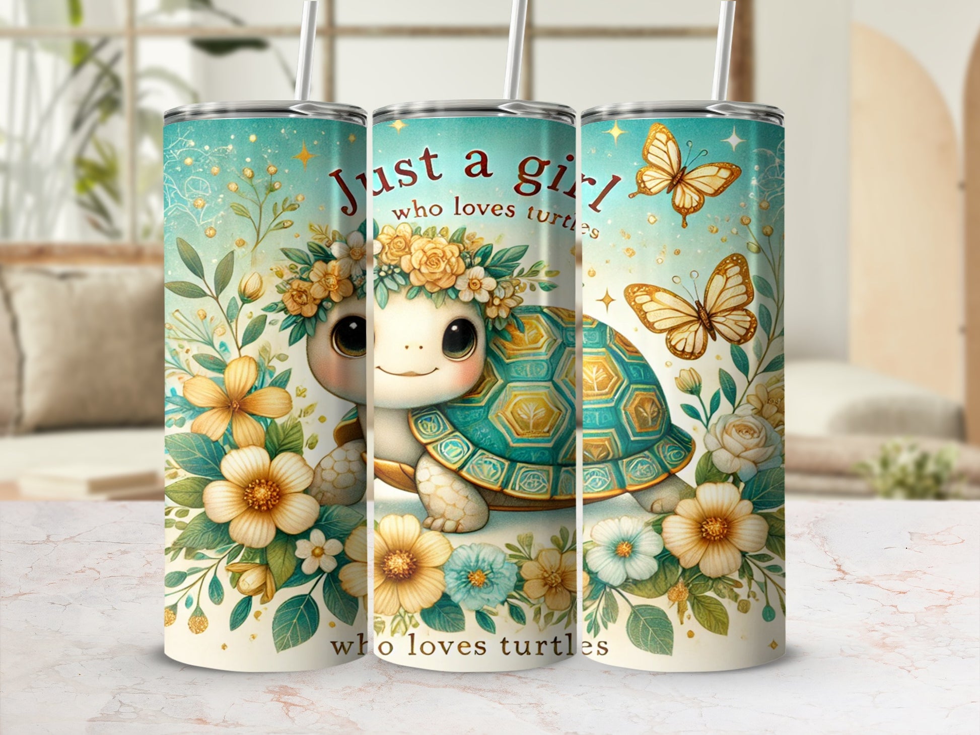 Just a Girl Who Loves Turtles Cute Butterfly Floral Tumbler
