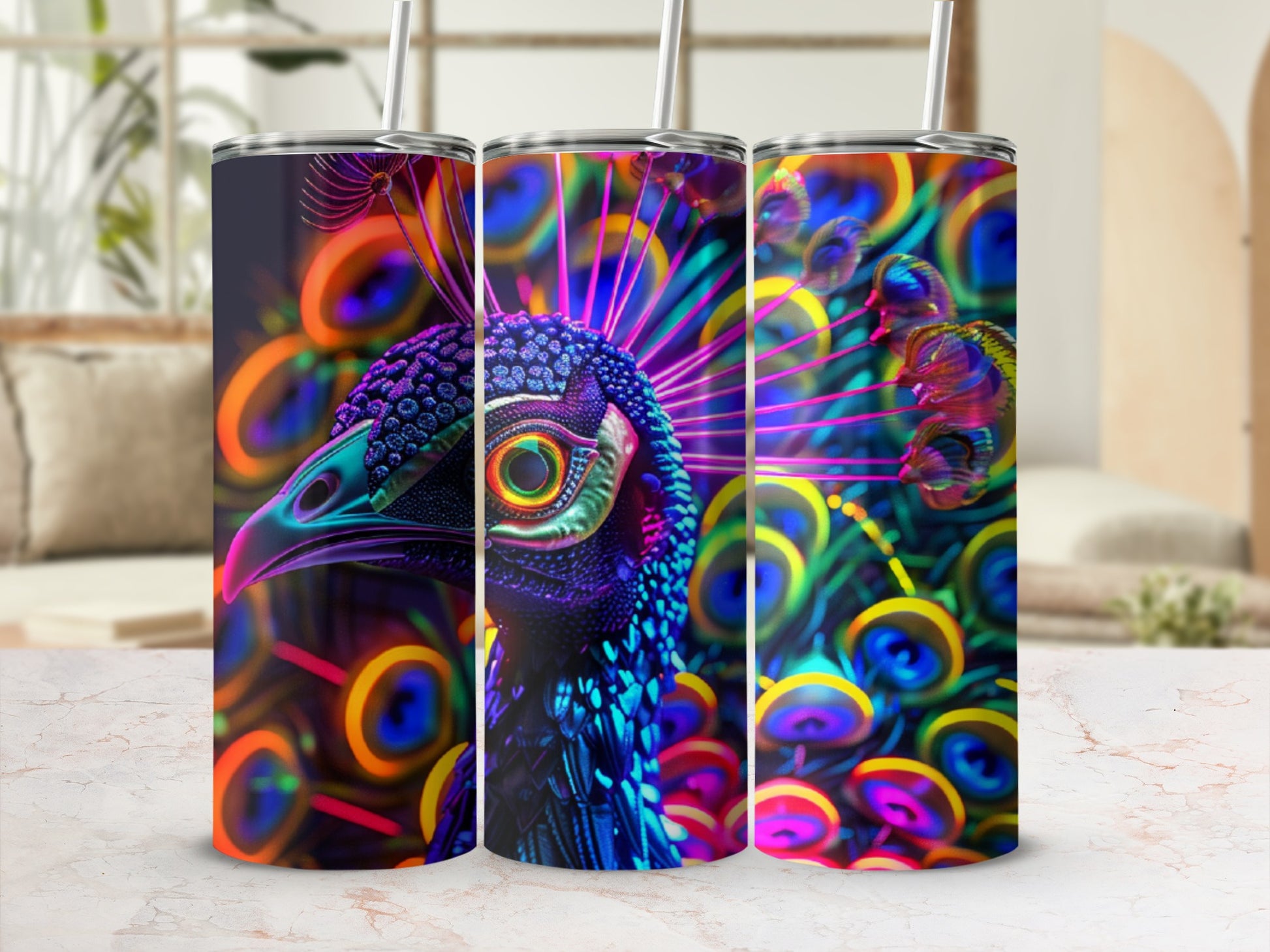 Vibrant peacock feather pattern on three tumblers.