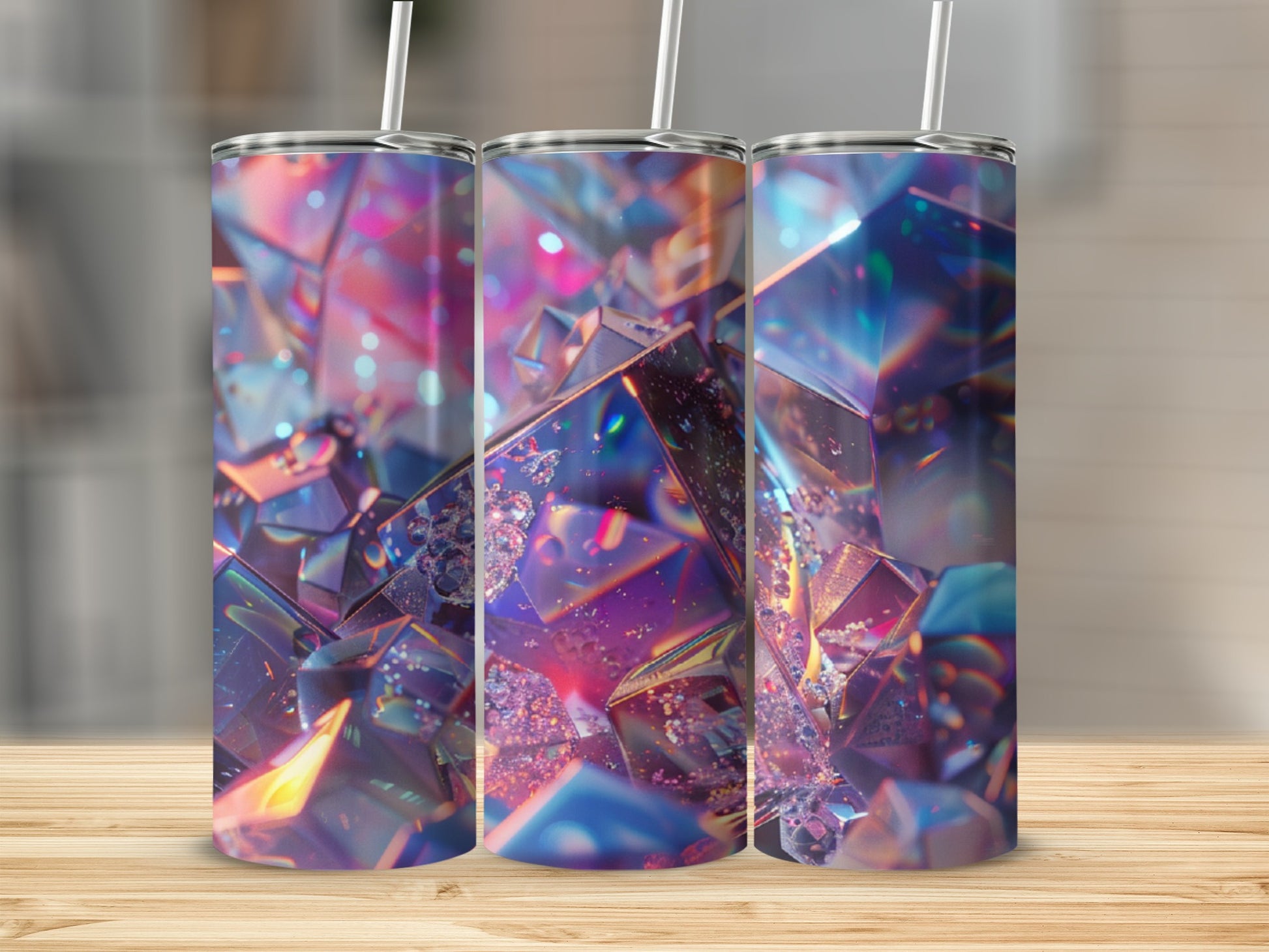 Three tumblers with holographic, crystalline geometric patterns.