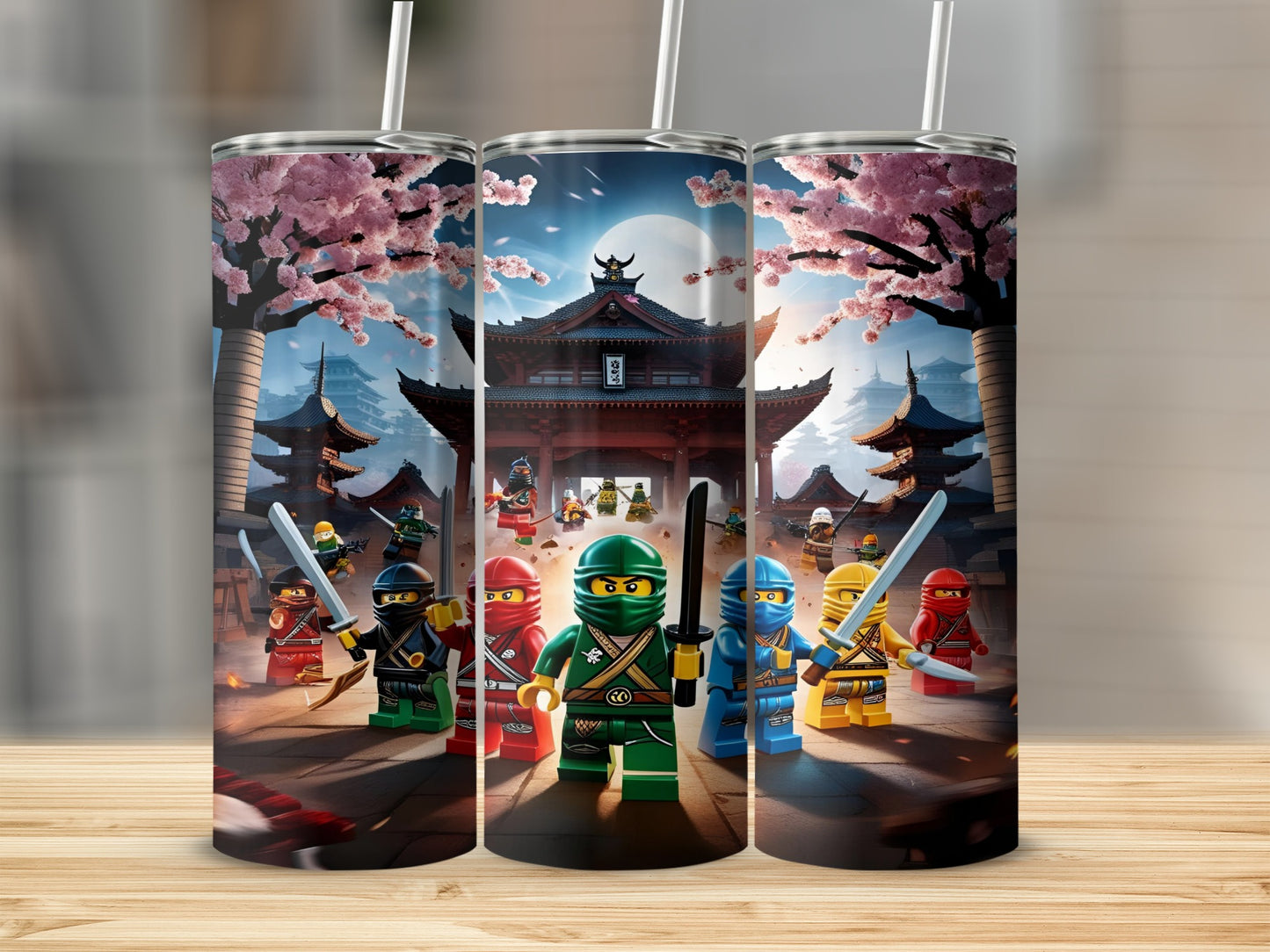 Ninja characters in a Japanese temple setting on a tumbler.