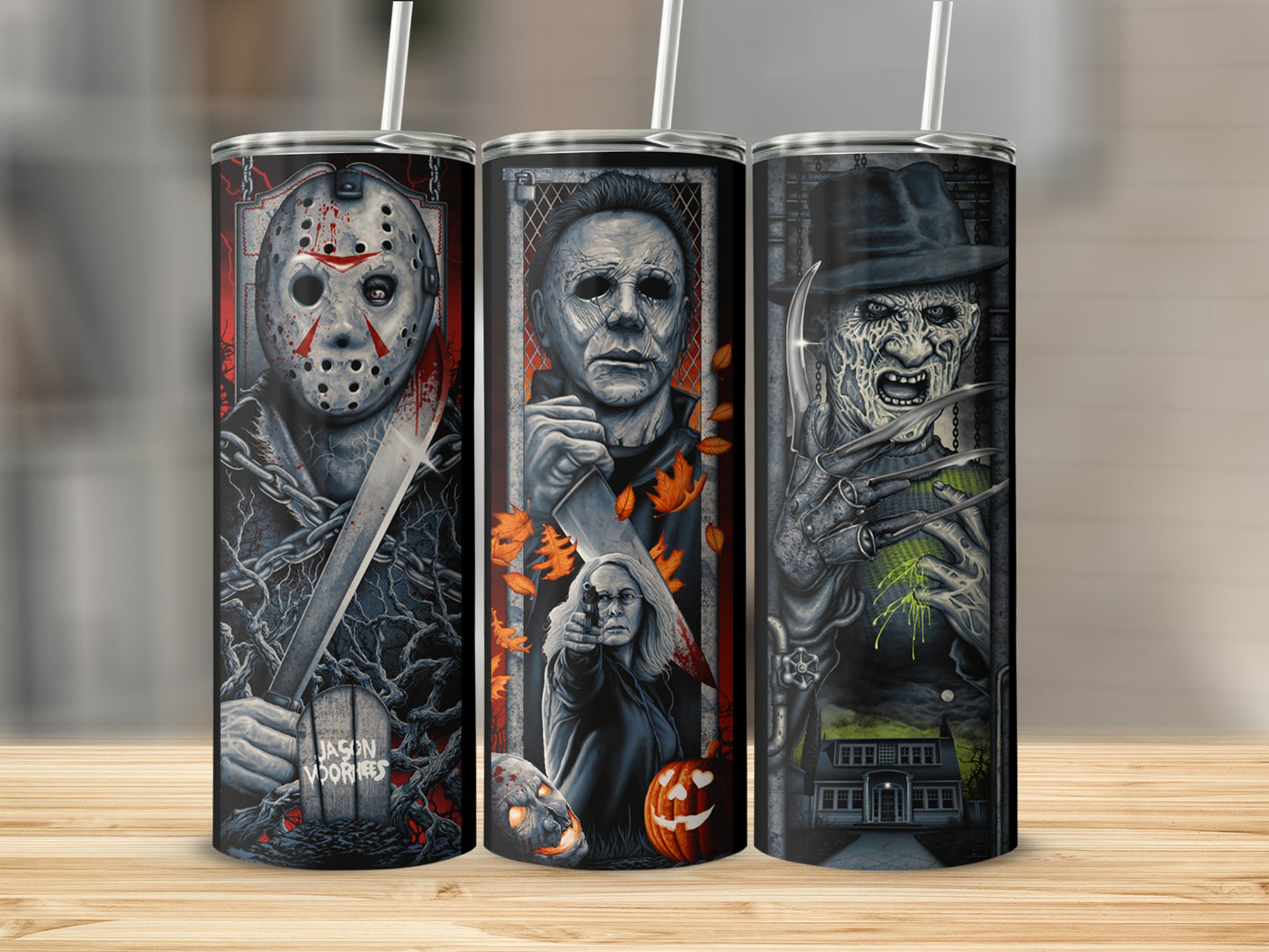 Horror movie villains Jason, Michael Myers, and Freddy Krueger on three tumblers.