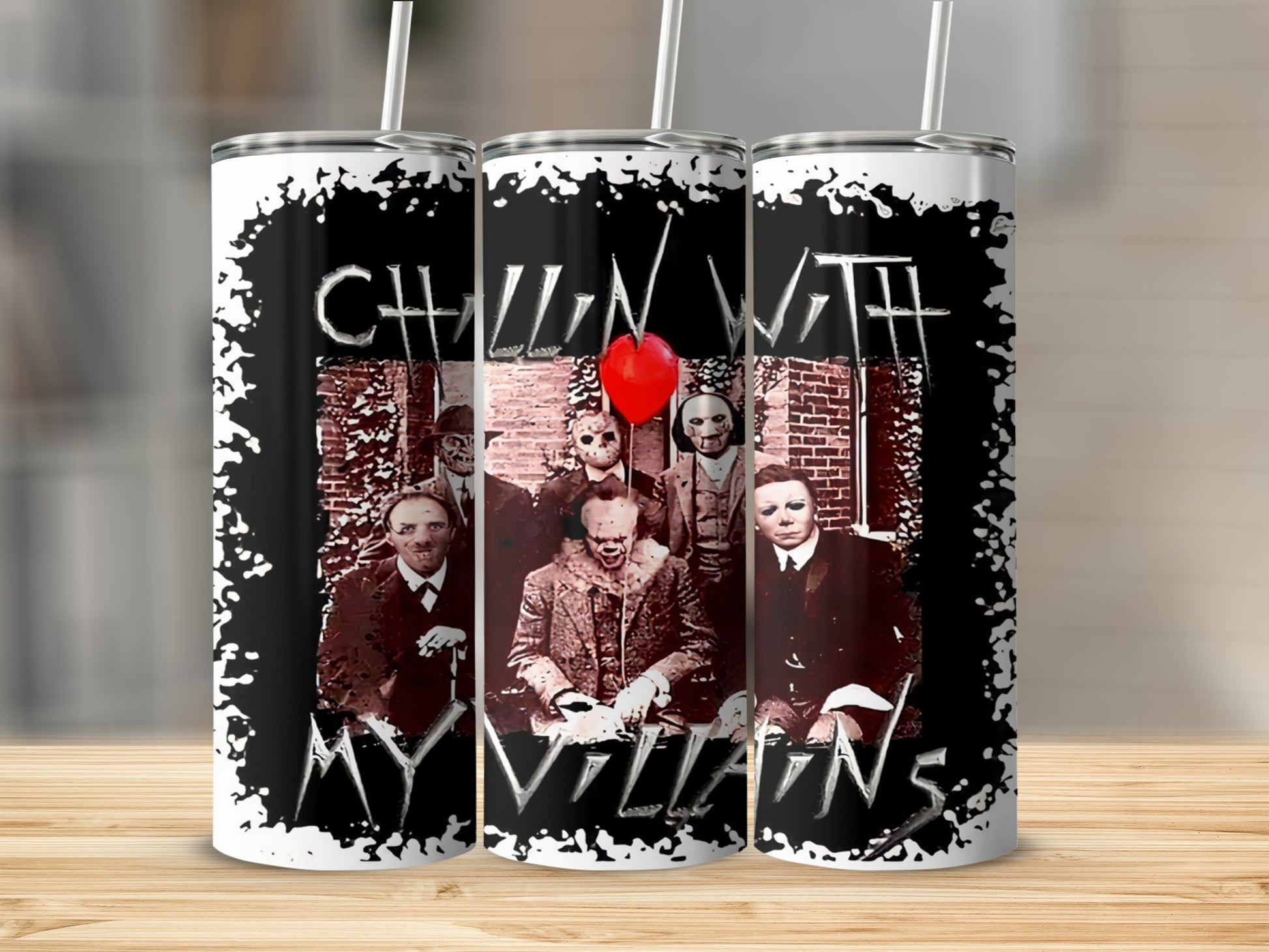 "Child's Play" movie characters and "My Villains" text on a white tumbler.