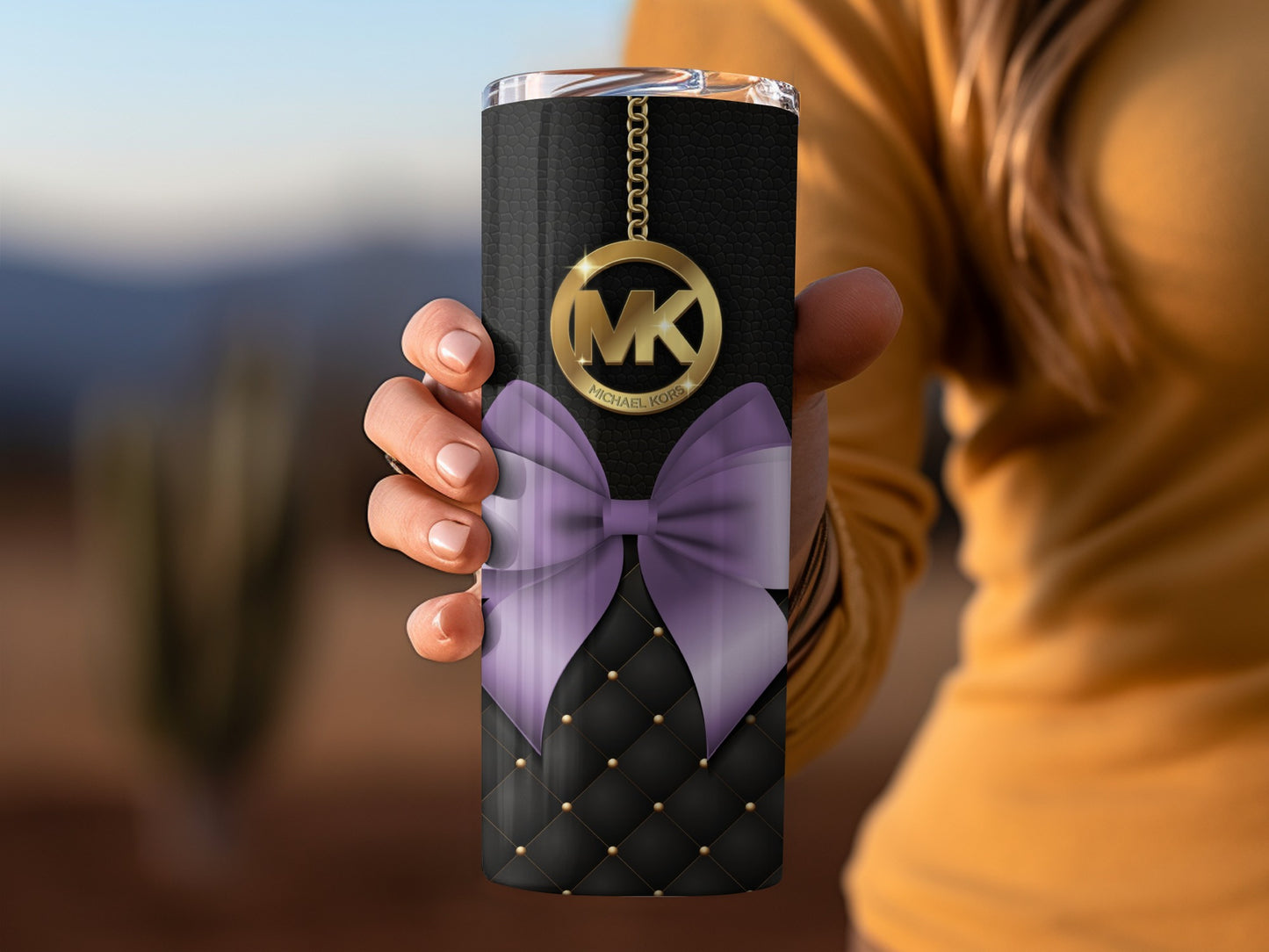 Luxurious Purple Bow Tumbler with Gold MK Logo Design