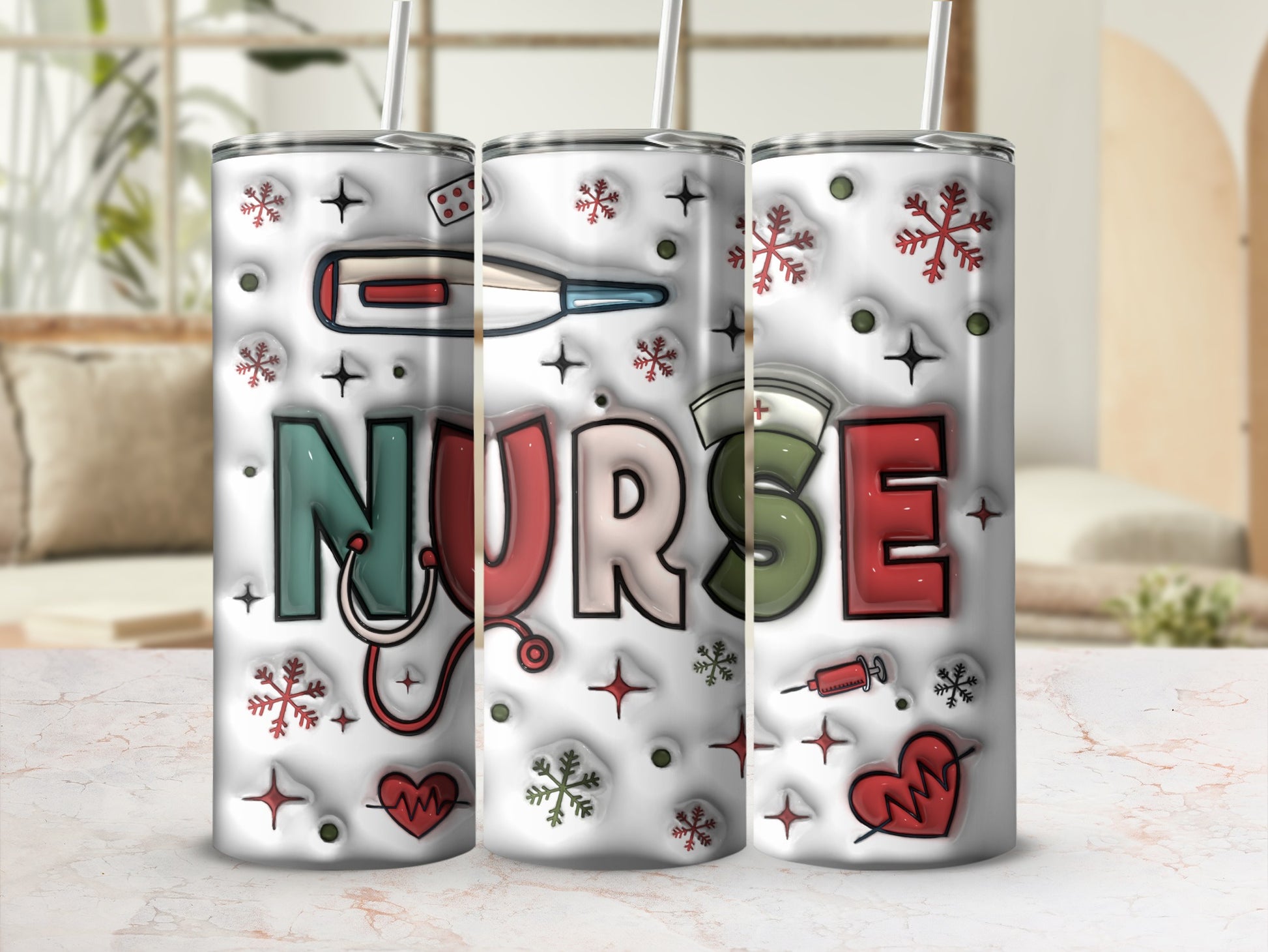 Nurse tumbler with medical icons and snowflakes.