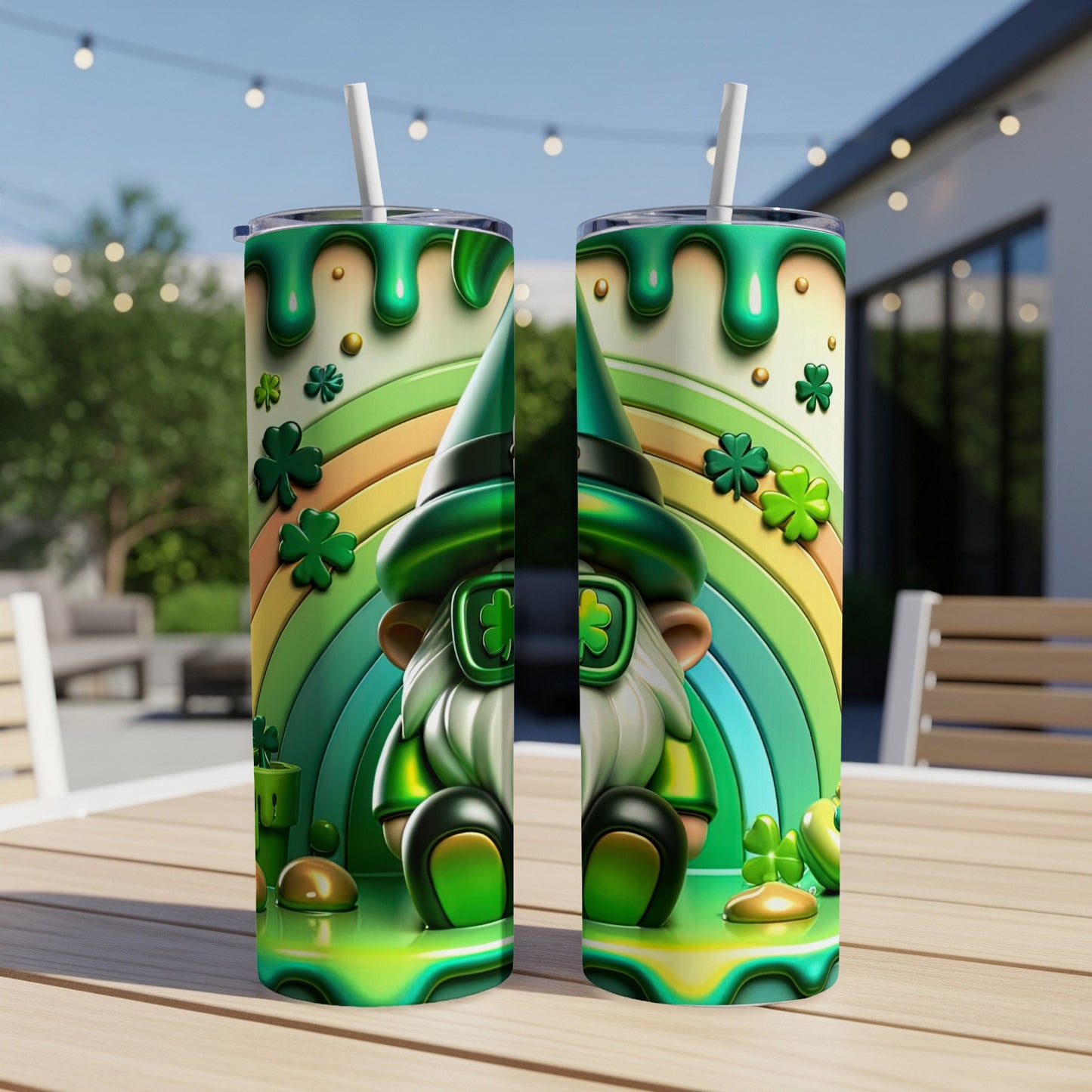 Two Saint Patrick's Day themed tumblers with a gnome and rainbow design.