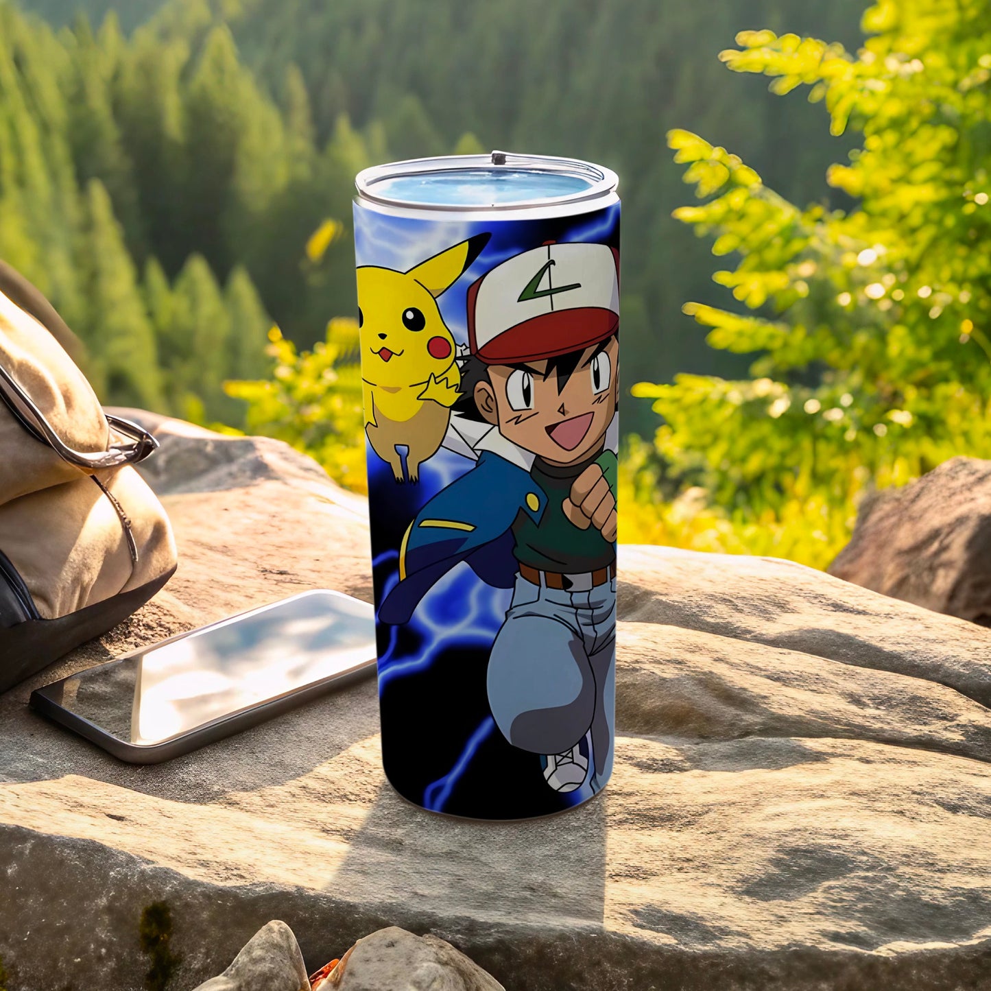 Ash and Pikachu Graphic Travel Tumbler for Outdoor Use