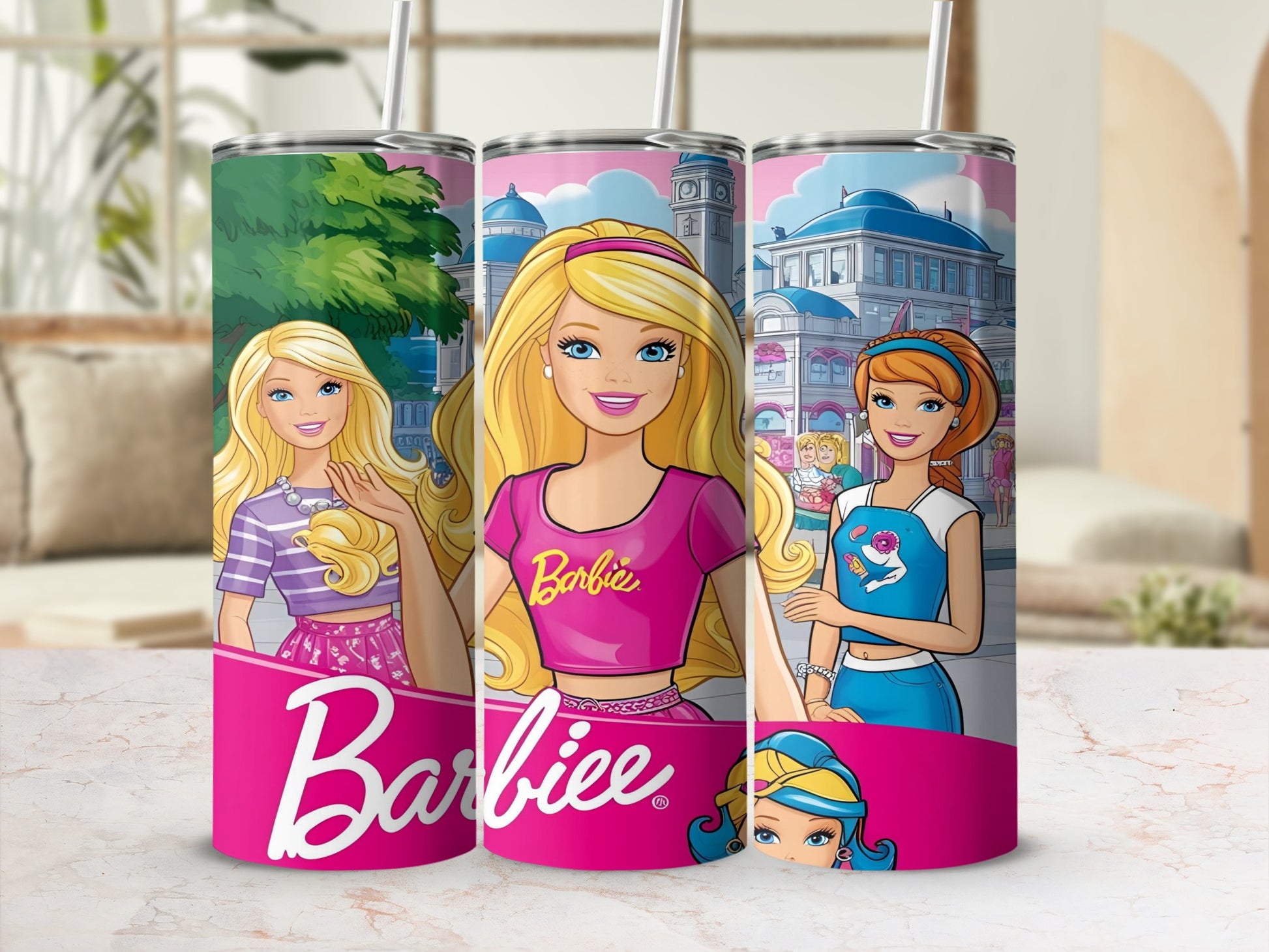 Barbie tumblers featuring Barbie characters and cityscape.