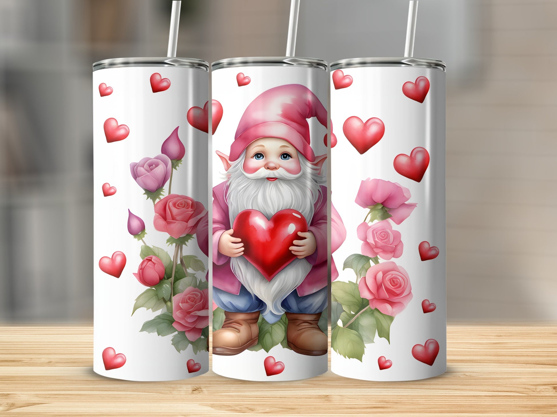 Gnome holding red heart, surrounded by pink roses and hearts.