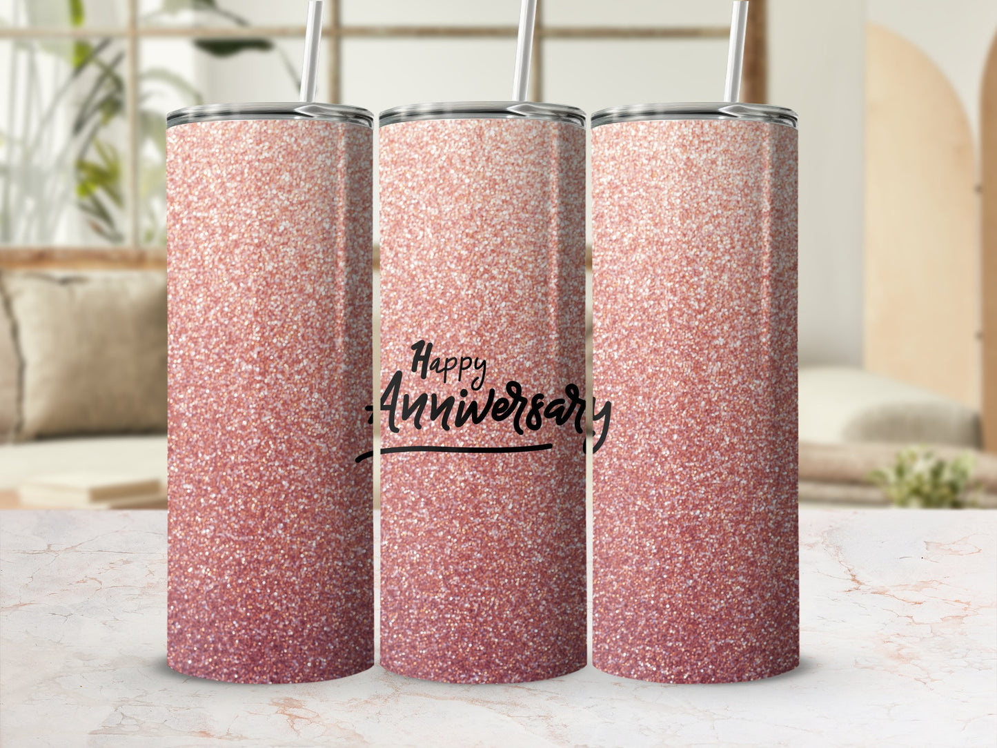Rose gold glitter tumbler with "Happy Anniversary" text.