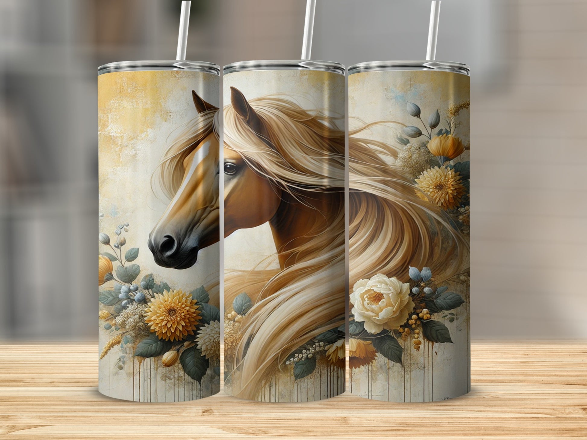 Beautiful Horse and Floral Design Stainless Steel Tumbler