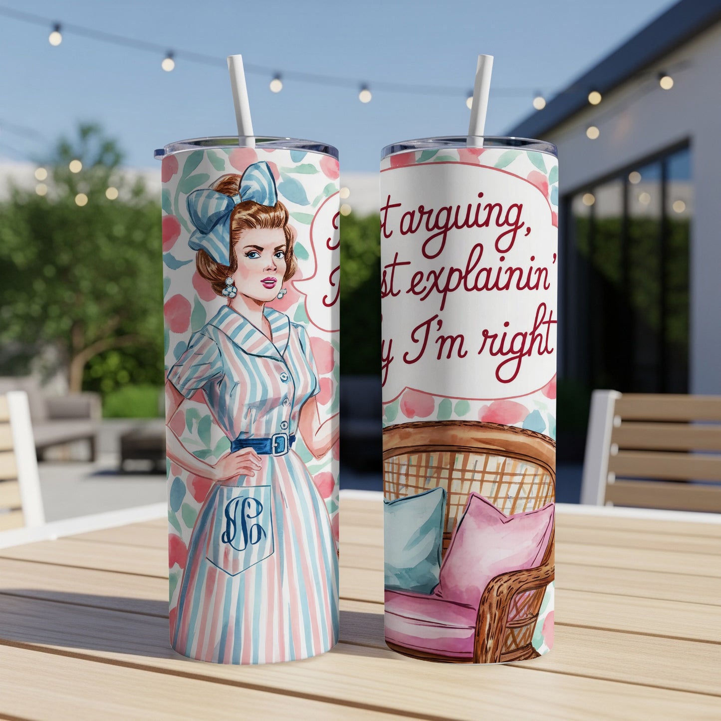 Two tumblers feature a vintage woman and floral pattern with text "I'm just arguing, I'm right".