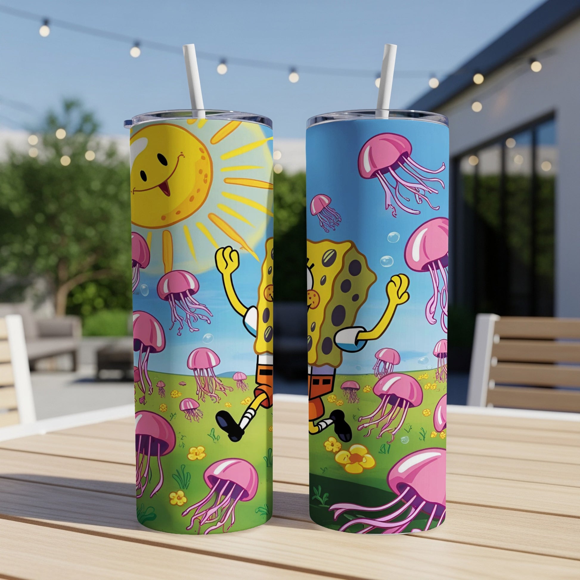 SpongeBob SquarePants on a tumbler with jellyfish and sun design.