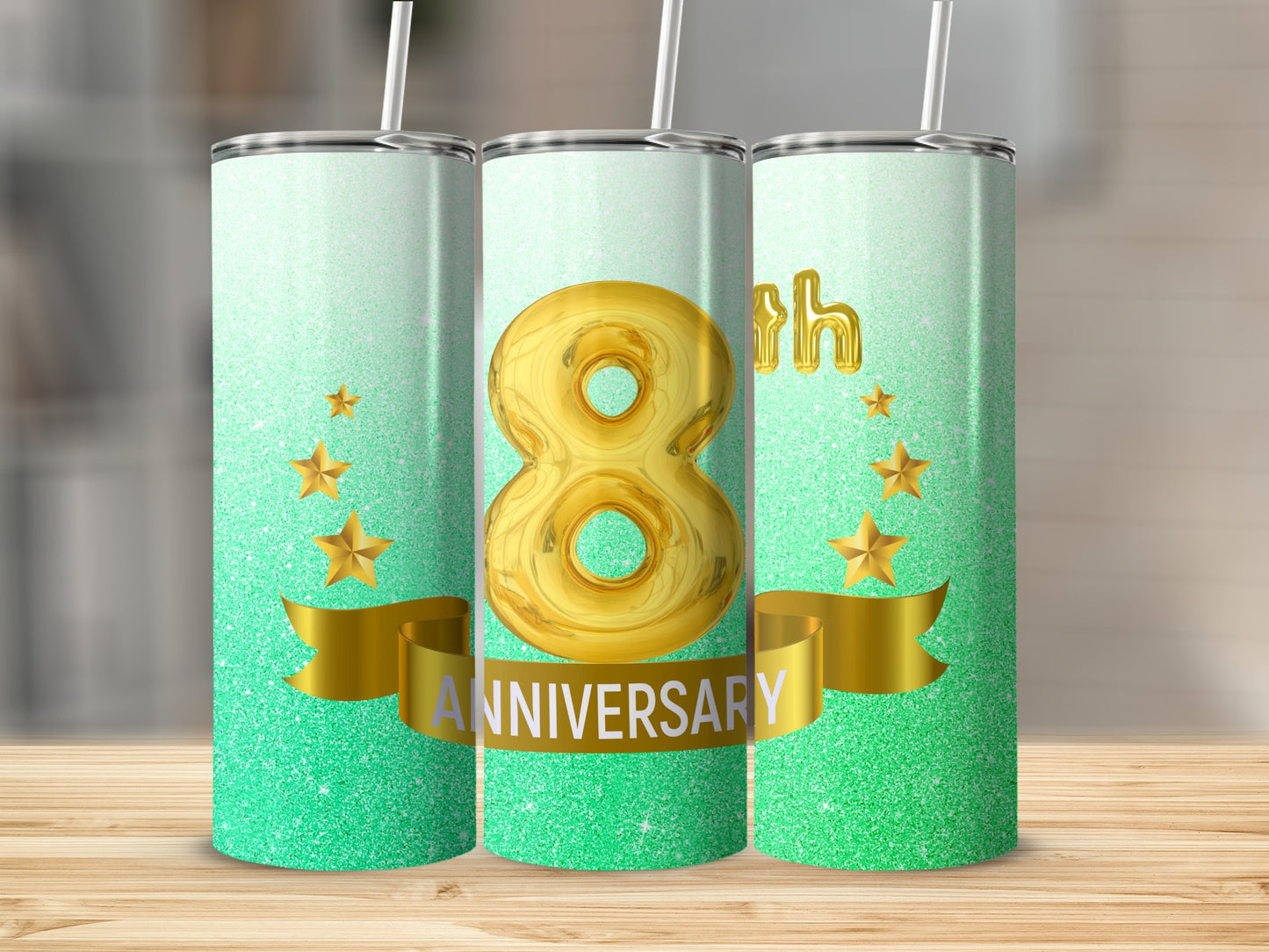 Gold 8 balloon with "ANNIVERSARY" banner on green glitter tumbler.