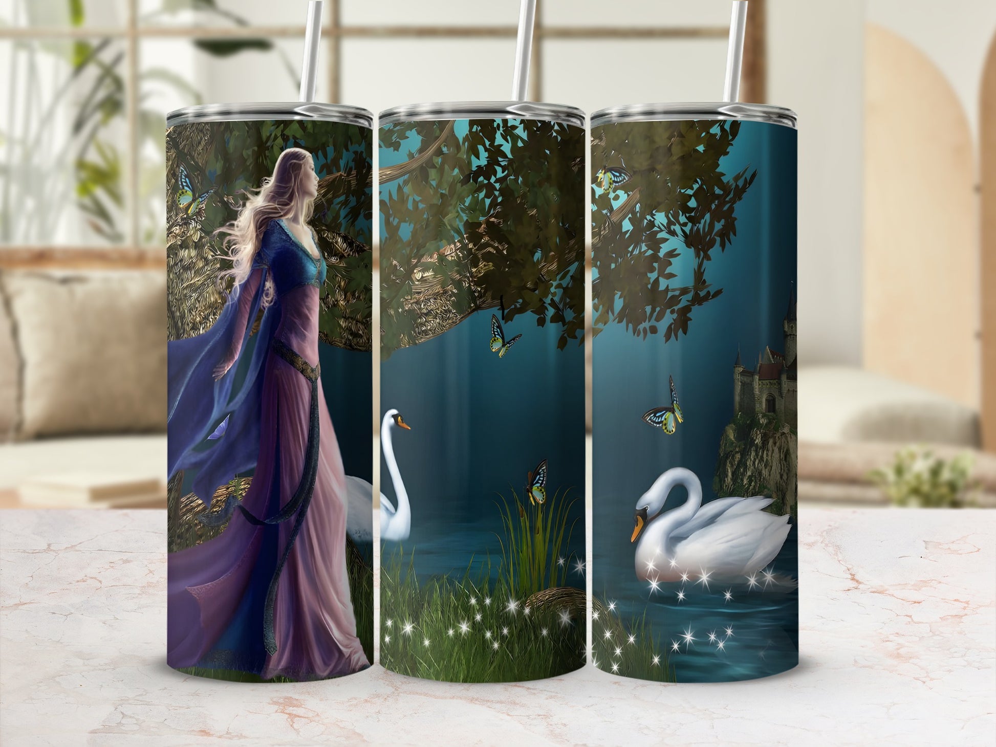 Fantasy scene with a woman and swans on a tumbler wrap.