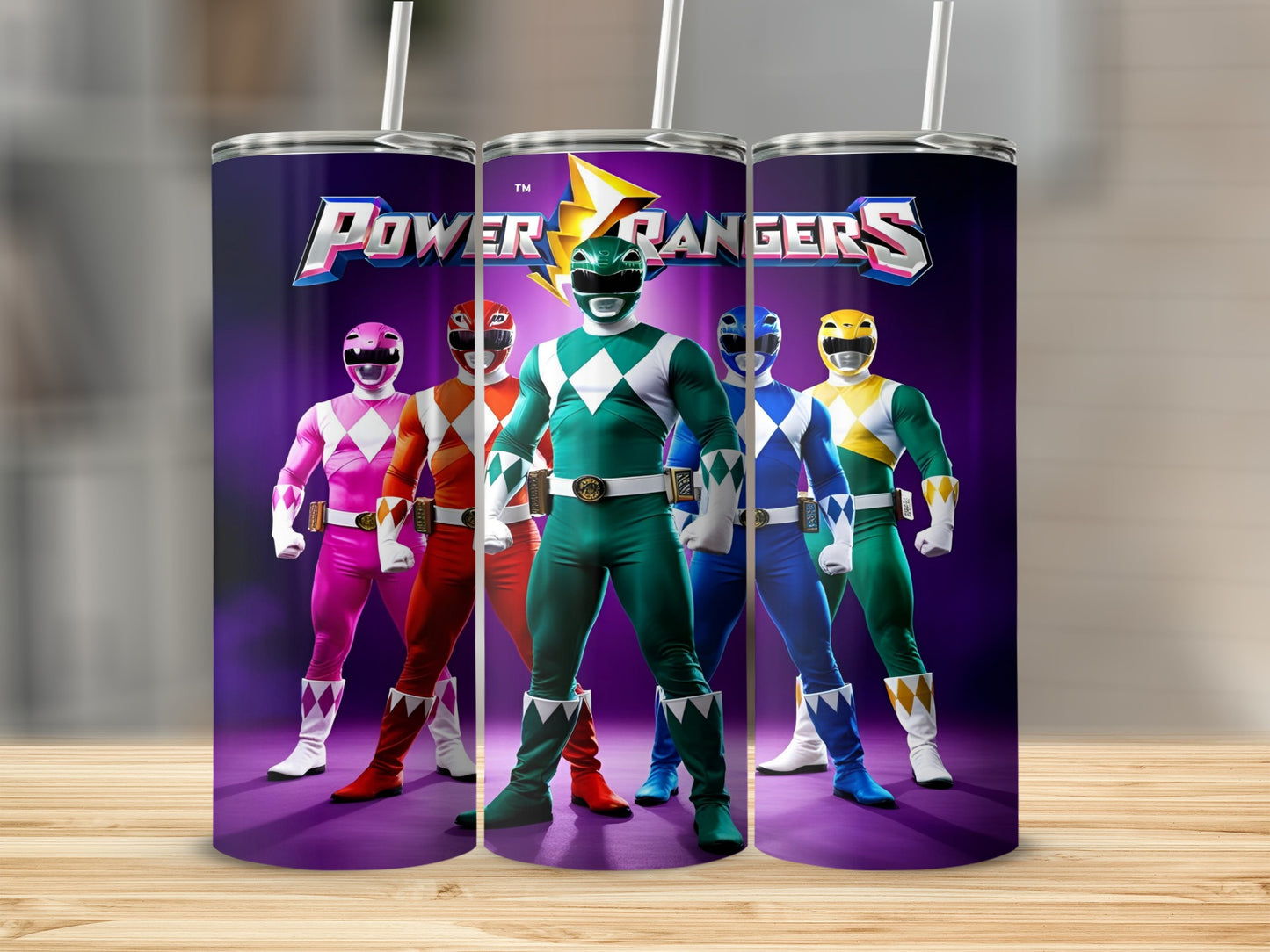 Power Rangers characters in their iconic suits standing together.