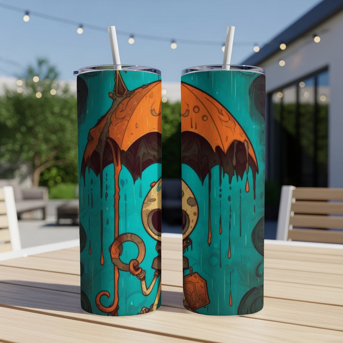 Two tumblers with a quirky skeleton character holding an umbrella in the rain design.