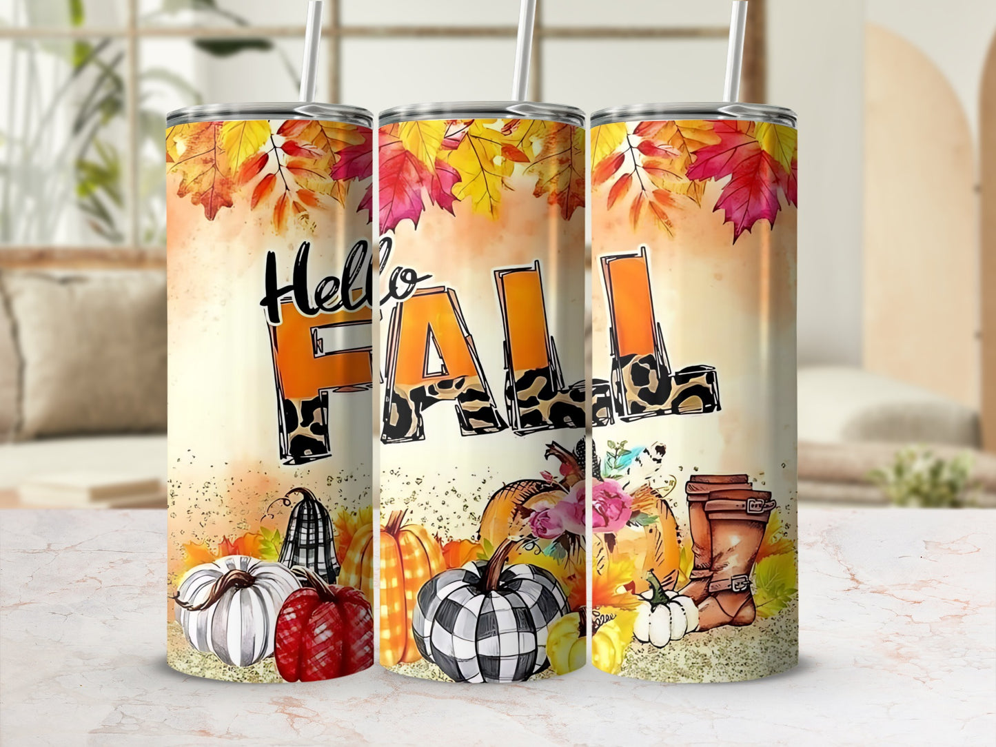 Hello Fall Autumn Leaves and Pumpkins Tumbler Cup