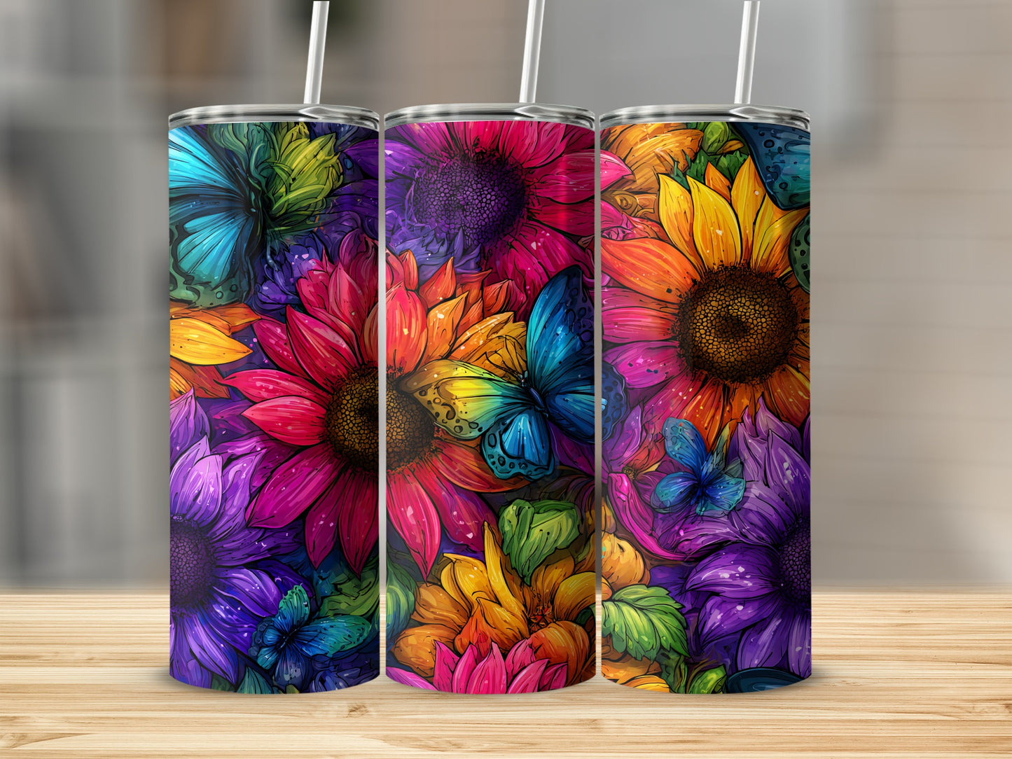 Colorful Floral and Butterfly Designed Tumbler
