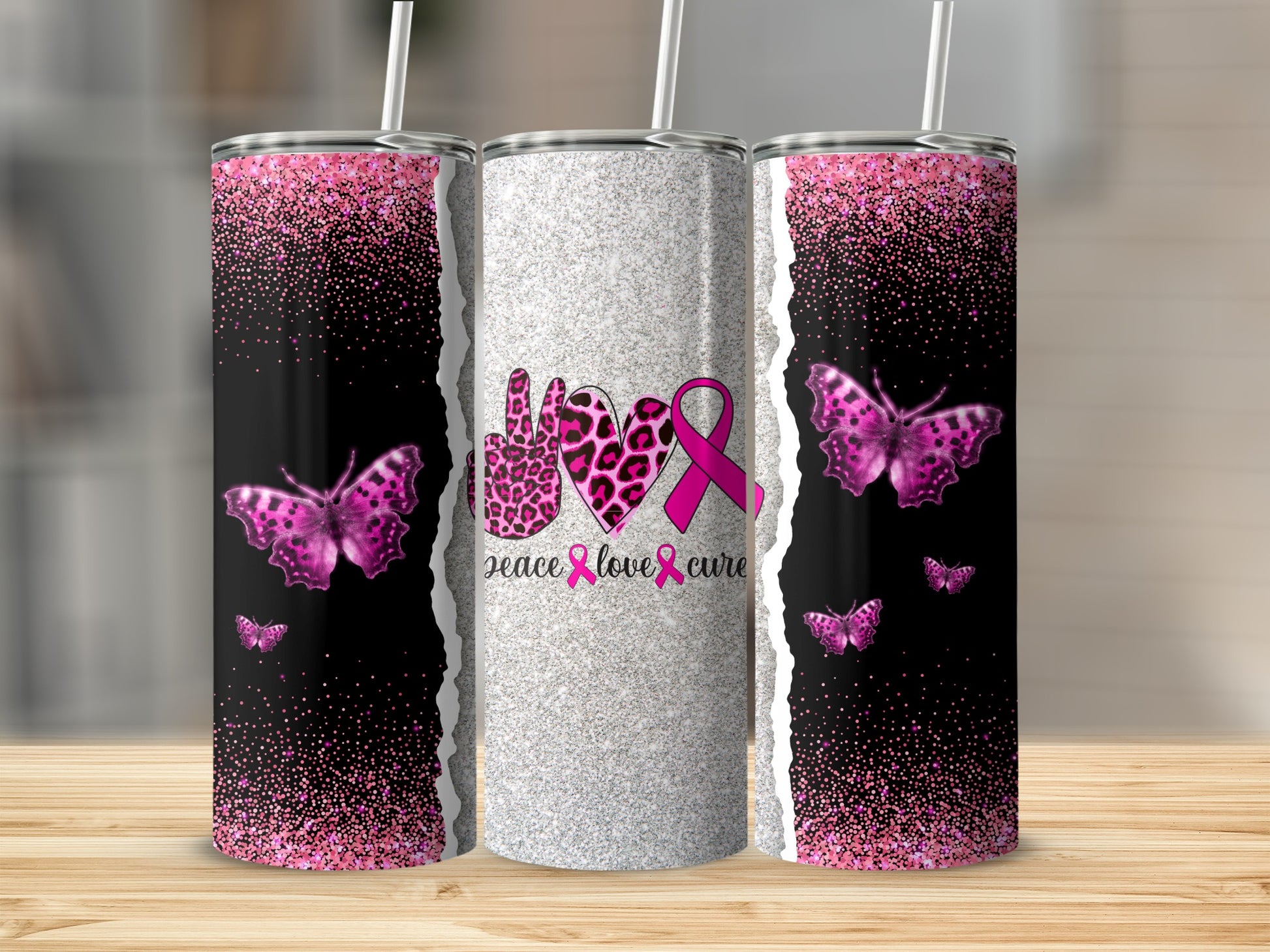 Tumbler with pink glitter, butterflies, and "peace love cure" text.