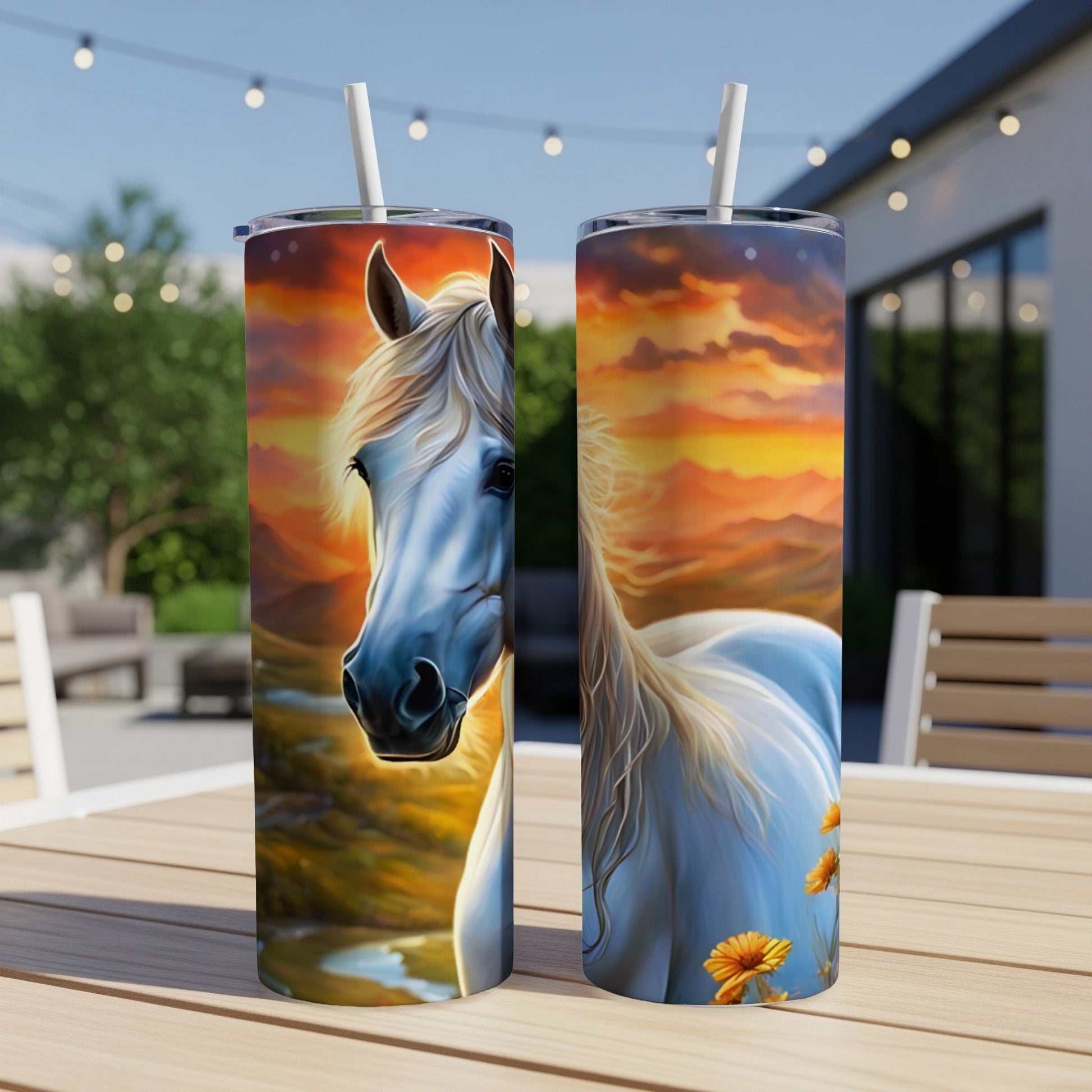 White horse in a sunset landscape on a skinny tumbler.