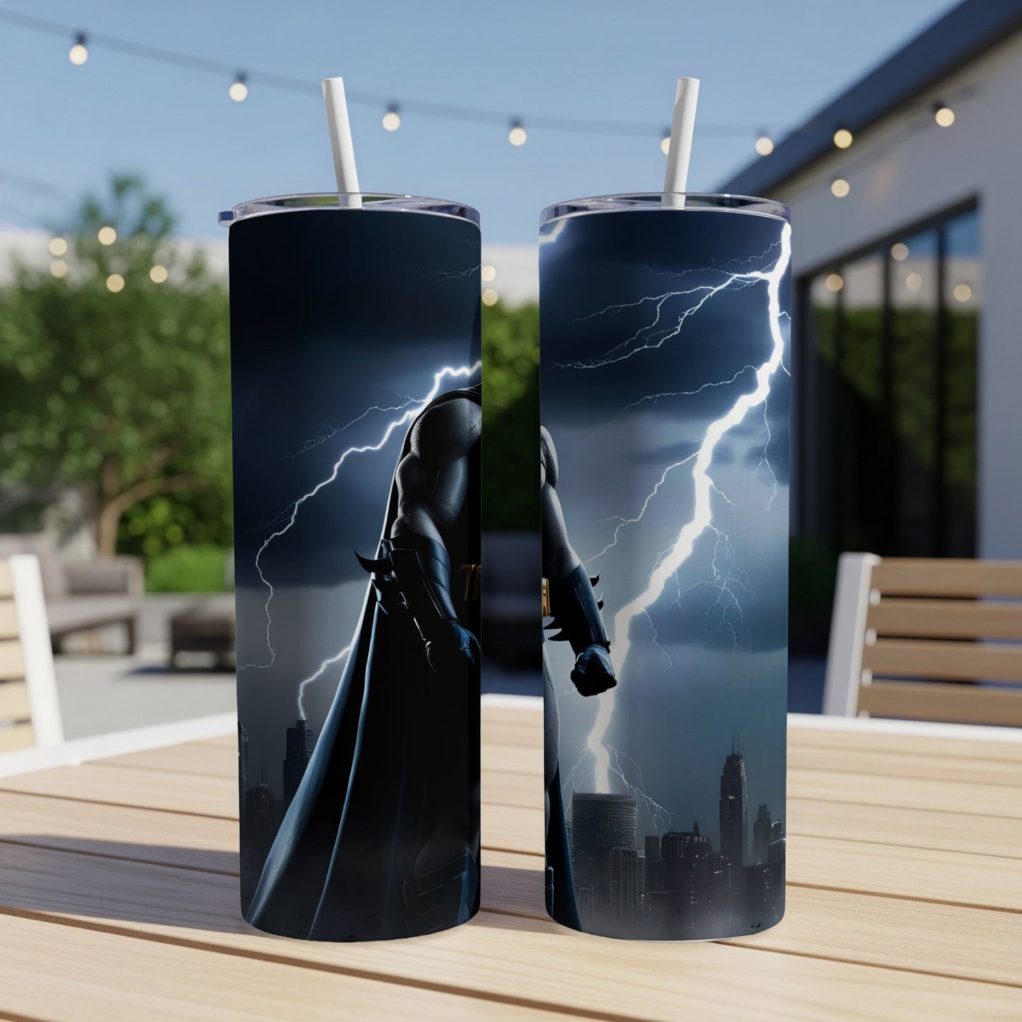 Batman standing against a stormy, lightning-filled city skyline.