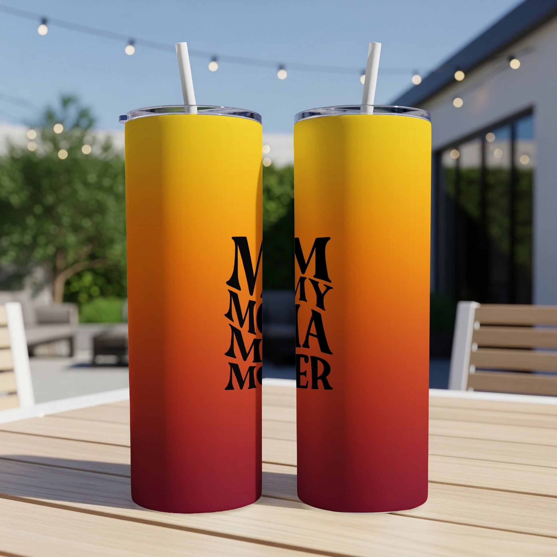 Two tumblers with a sunset gradient and "Momma" text.