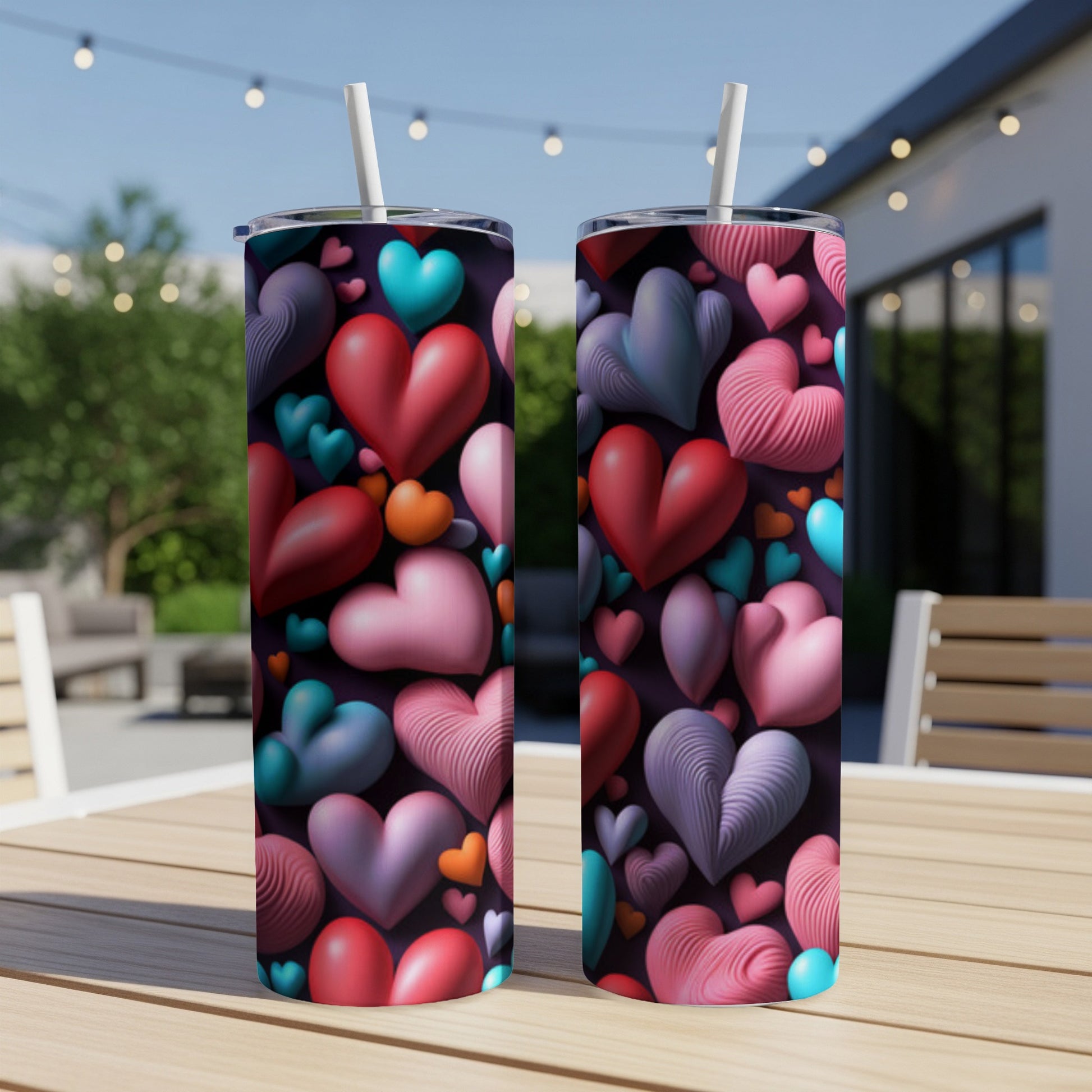 Two tall tumblers with colorful heart patterns sit on a wooden table.
